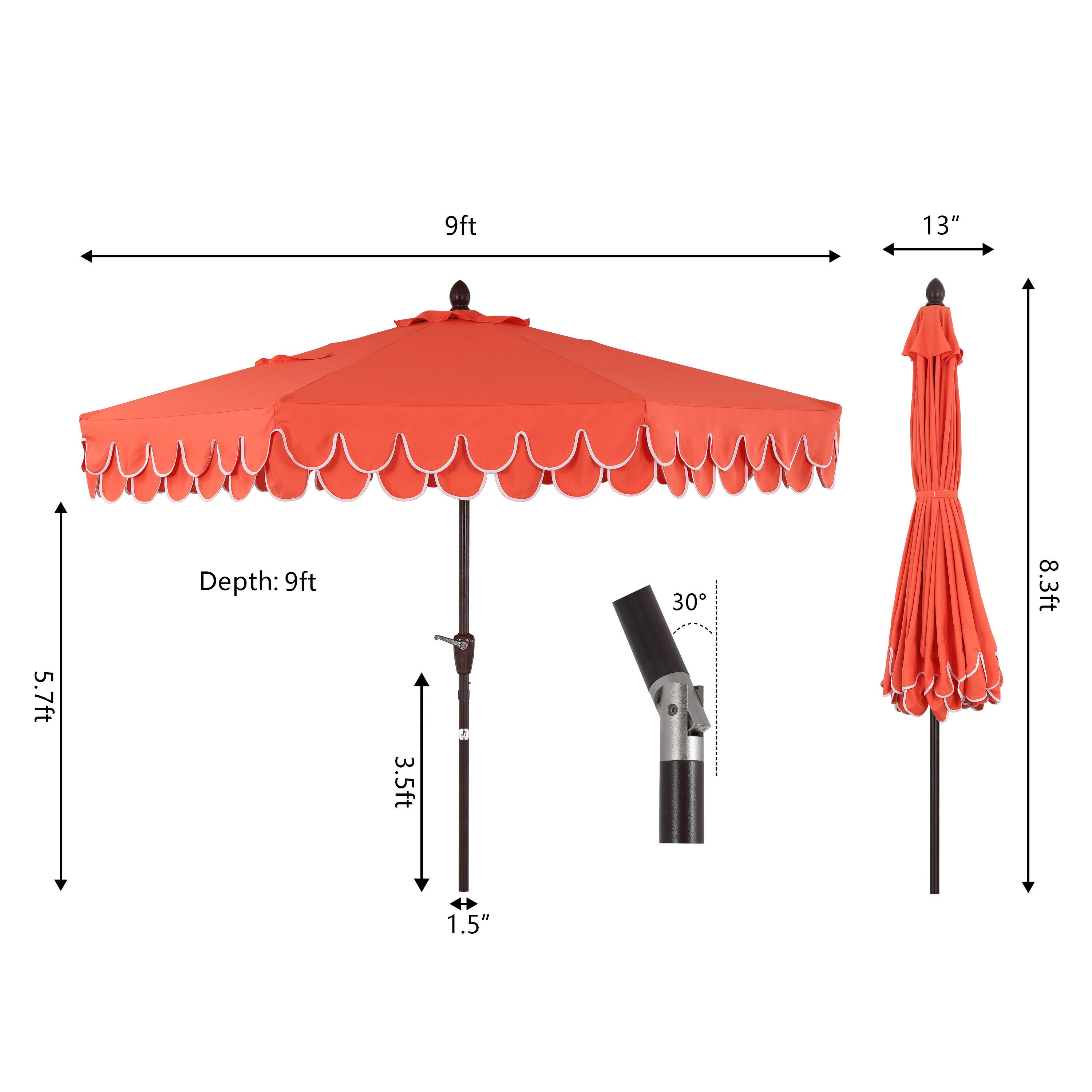 JONATHAN Y Tracy 9'  Outdoor Tilted Umbrella, Coral Red/White, large