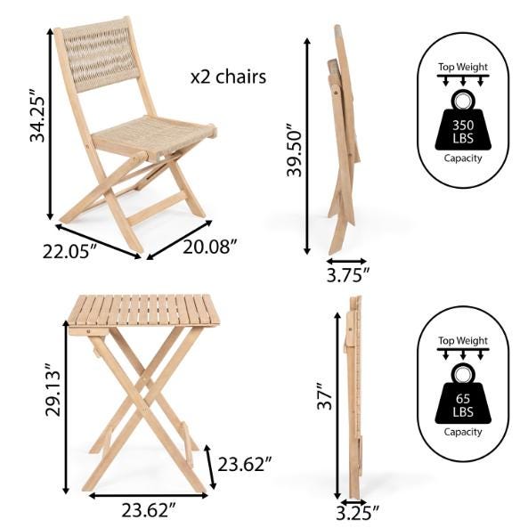 JONATHAN Y Javea Outdoor Folding Bistro Table and 2 Chairs, Light Teak, large