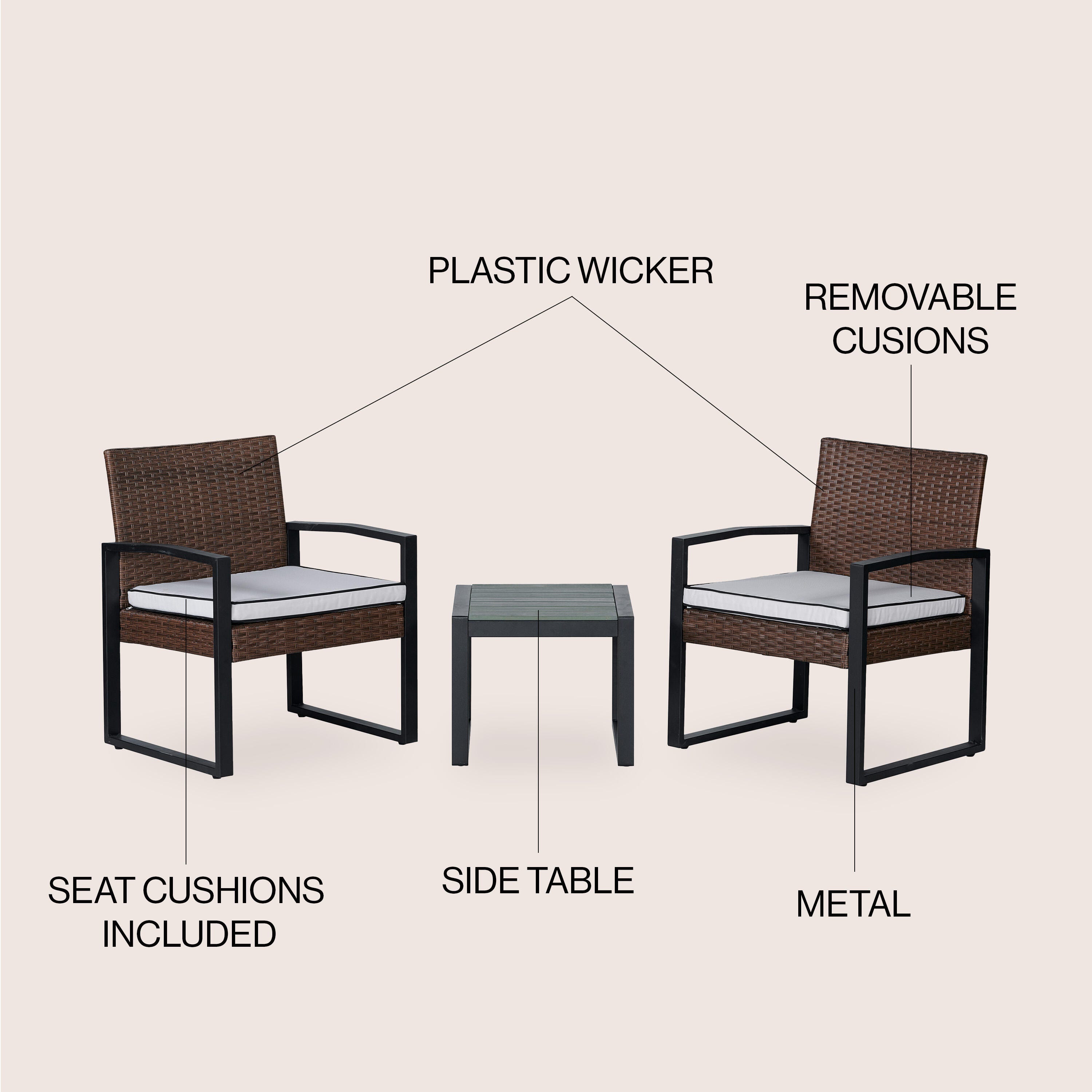 JONATHAN Y Selby 2 Outdoor Lounge Chairs and Side Table, Gray/Brown, large