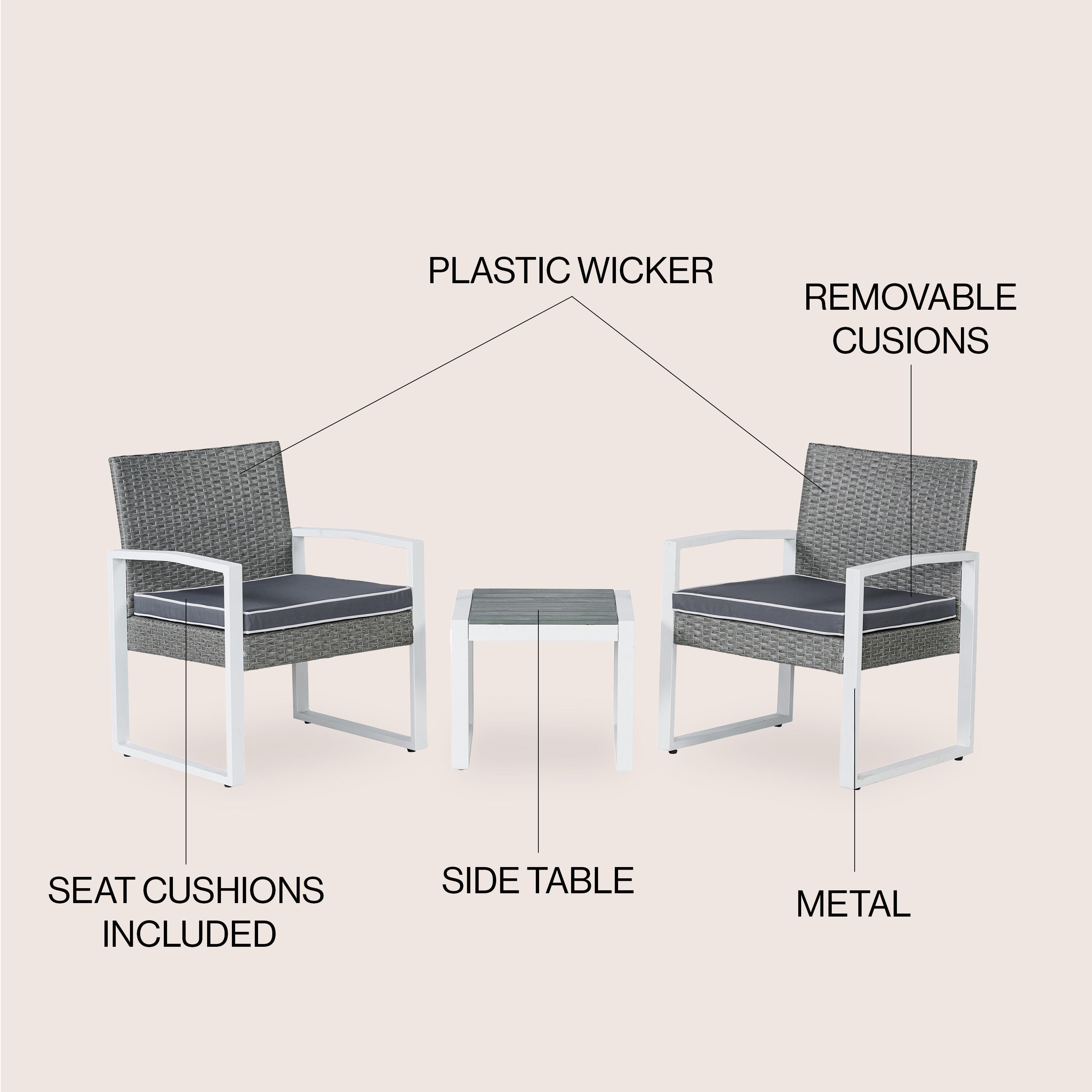 JONATHAN Y Selby 2 Outdoor Lounge Chairs and Side Table, Gray/White, large