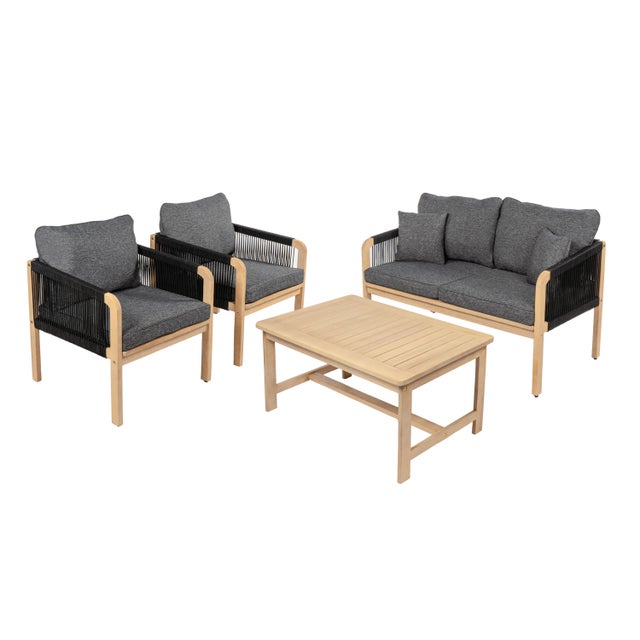 Jonathan Y Tavira Outdoor Loveseat and 2 Lounge Chairs with Coffee Table, Light Teak/Gray