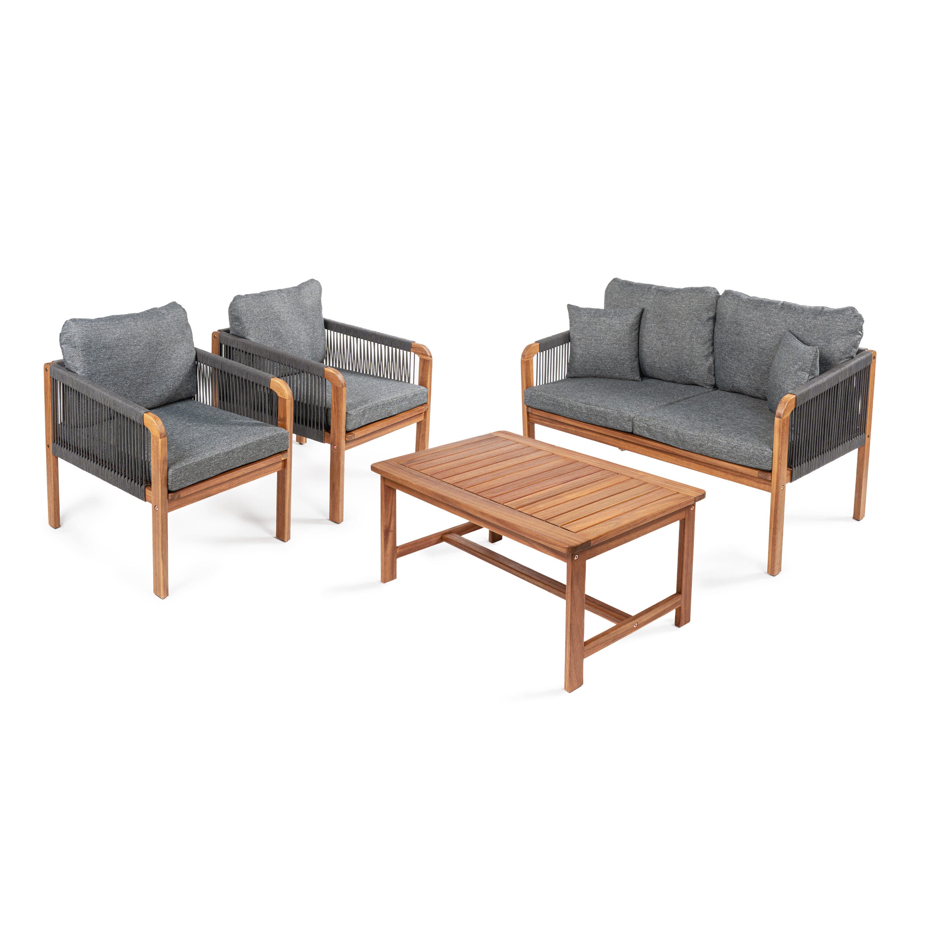 JONATHAN Y Tavira Outdoor Loveseat and 2 Lounge Chairs with Coffee Table, Teak Brown/Gray, large