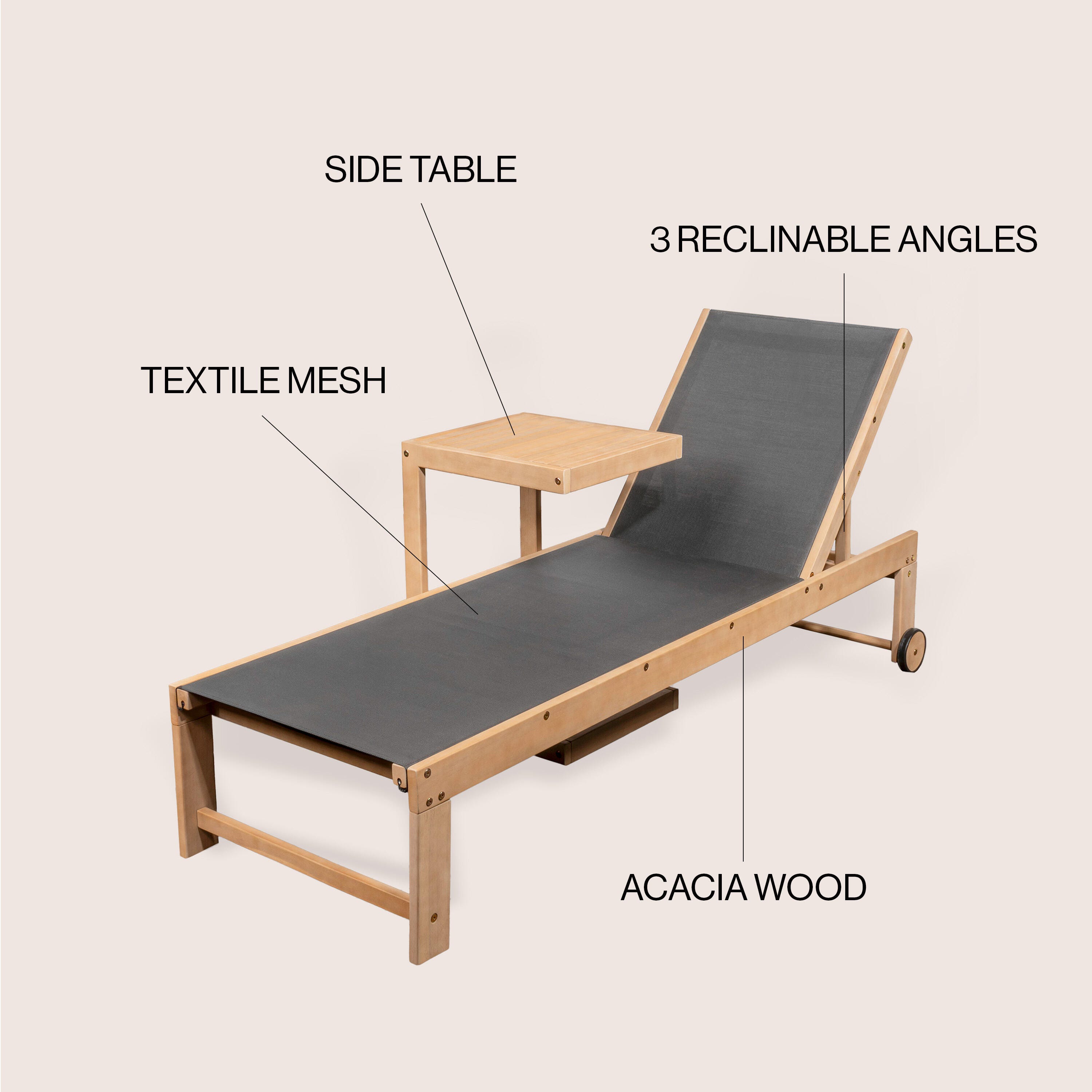 JONATHAN Y Trabuco Outdoor Chaise Lounge with Side Table, Light Teak/Black, large