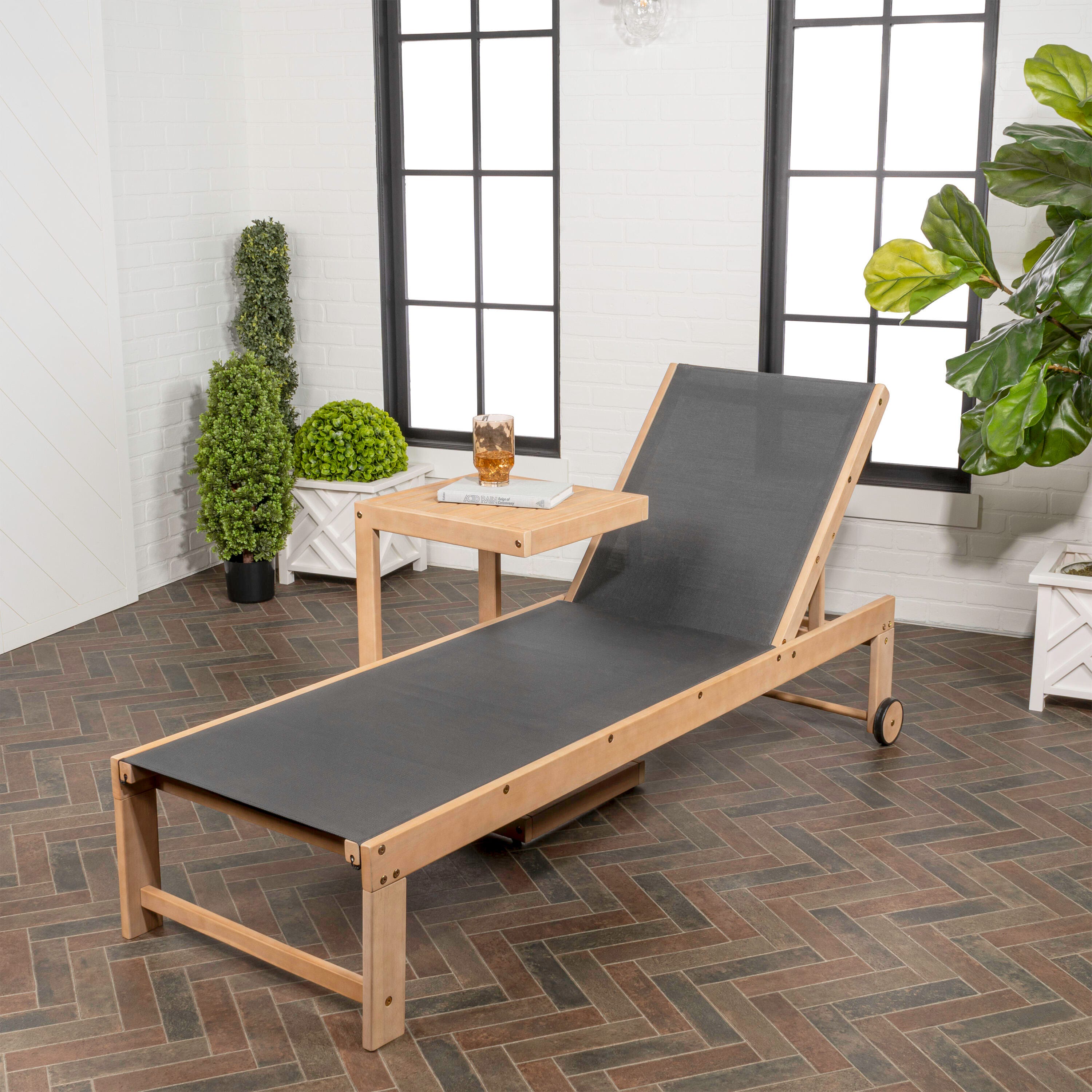 JONATHAN Y Trabuco Outdoor Chaise Lounge with Side Table, Light Teak/Black, large
