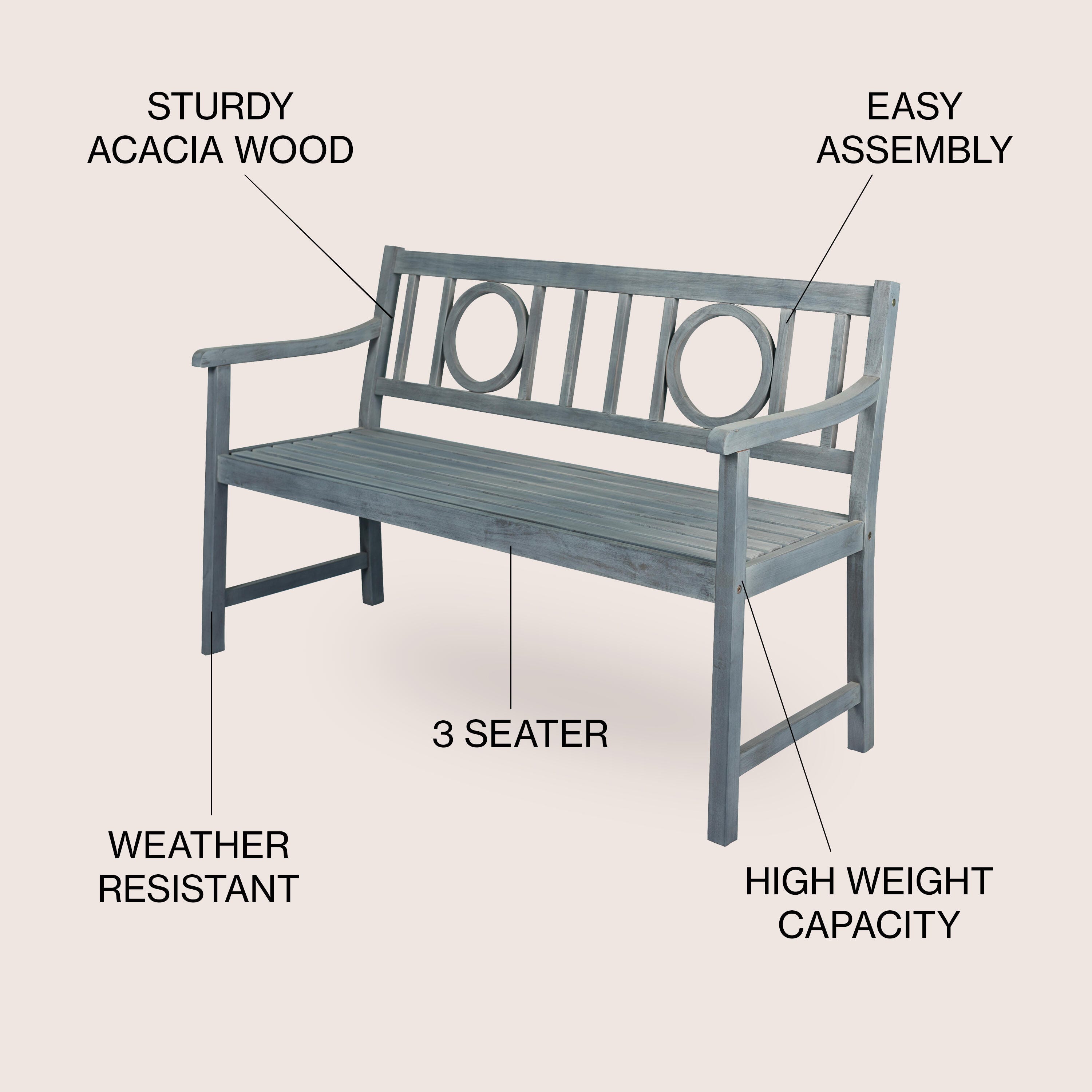 JONATHAN Y Apollo Outdoor Bench, Gray, large