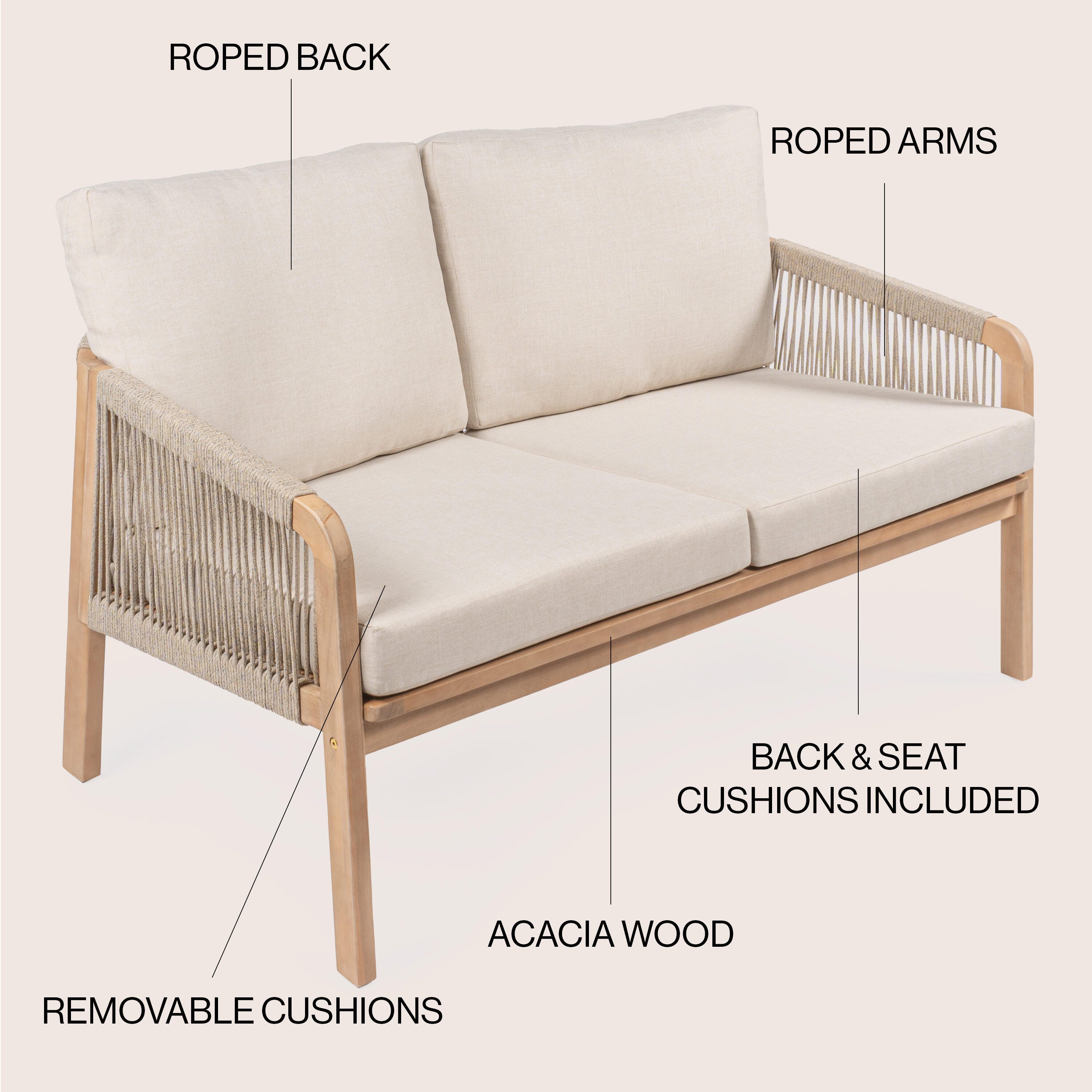 JONATHAN Y Arwen Outdoor Loveseat, Cream/Light Teak, large