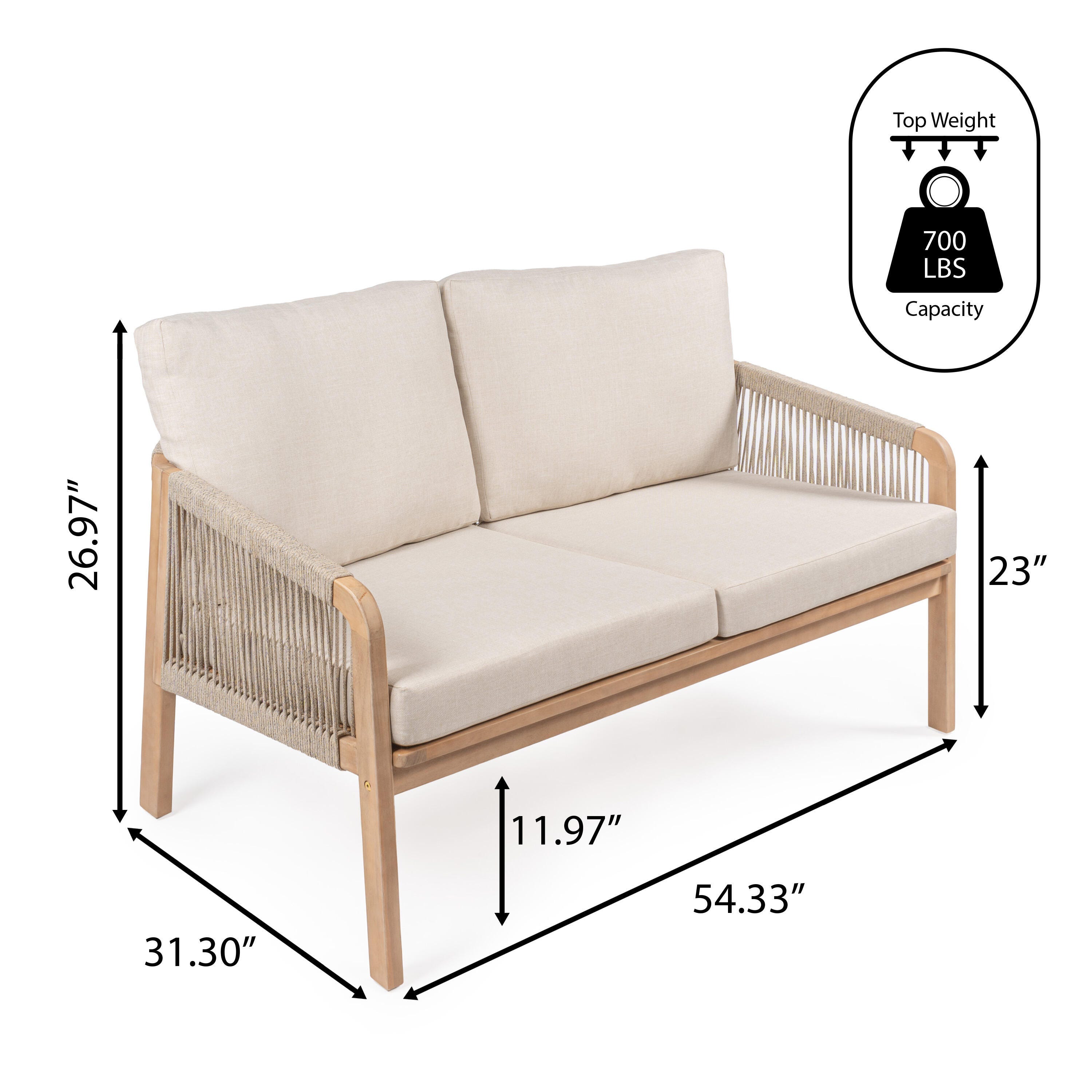 JONATHAN Y Arwen Outdoor Loveseat, Cream/Light Teak, large