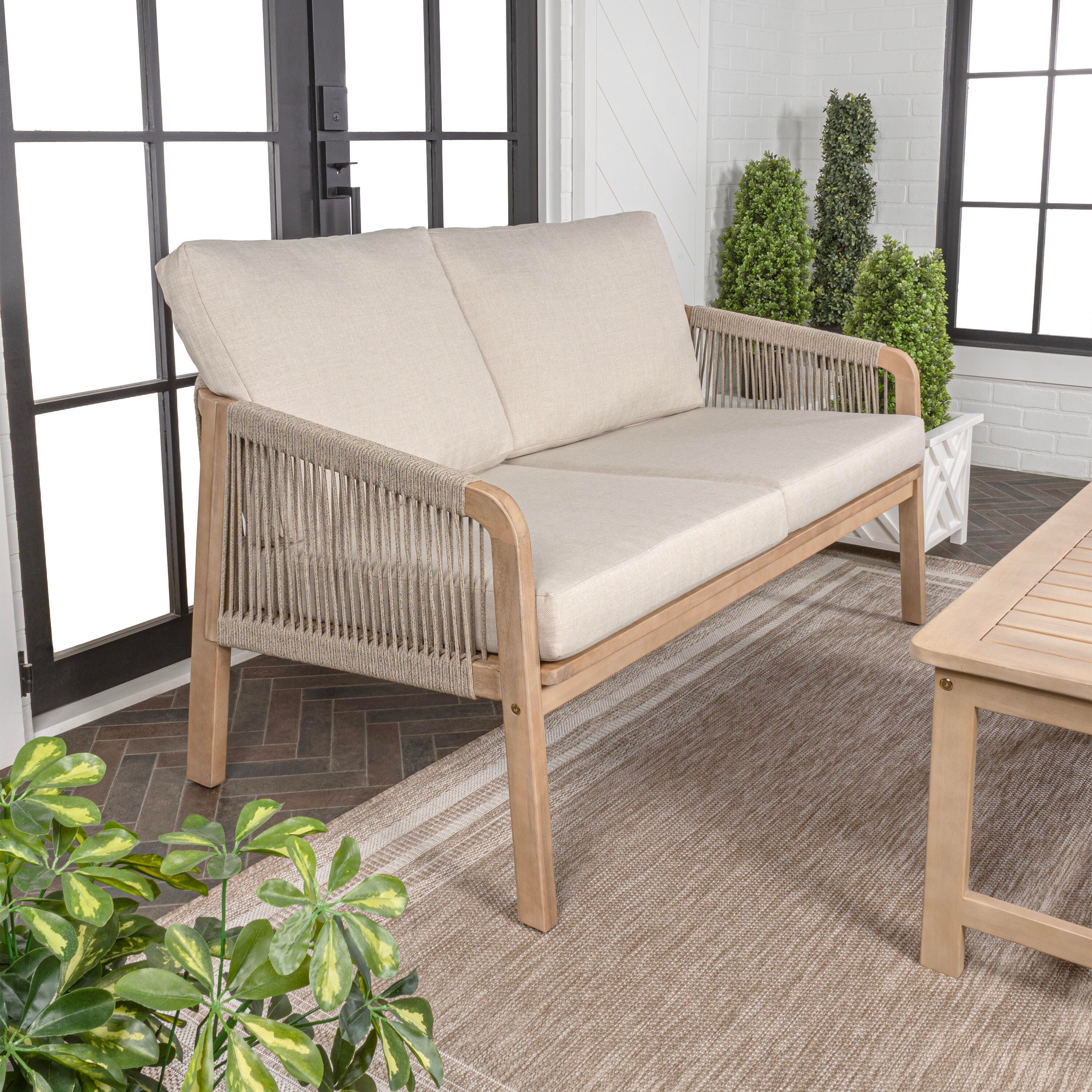 JONATHAN Y Arwen Outdoor Loveseat, Cream/Light Teak, large