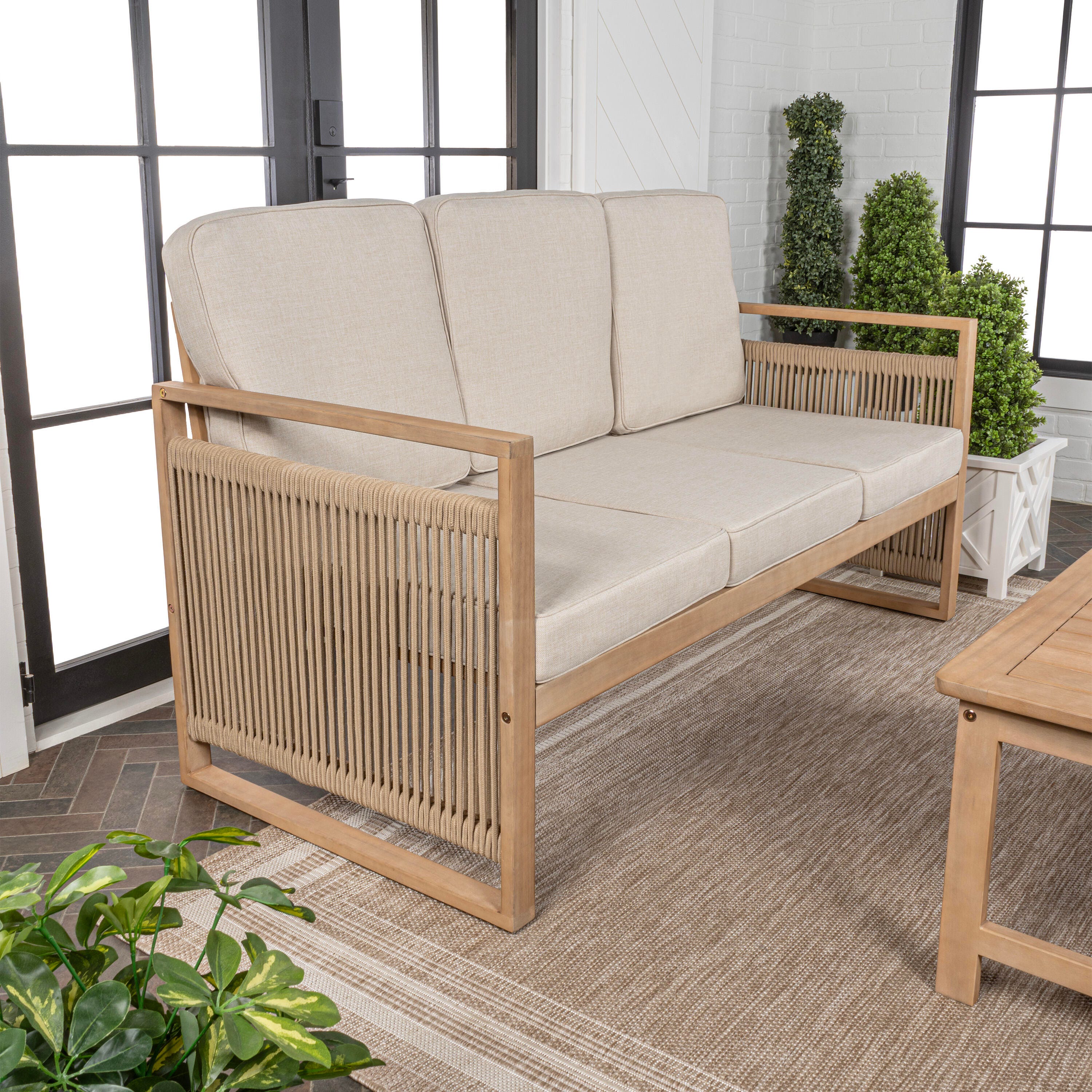JONATHAN Y Gable Outdoor Sofa, Light Teak, large