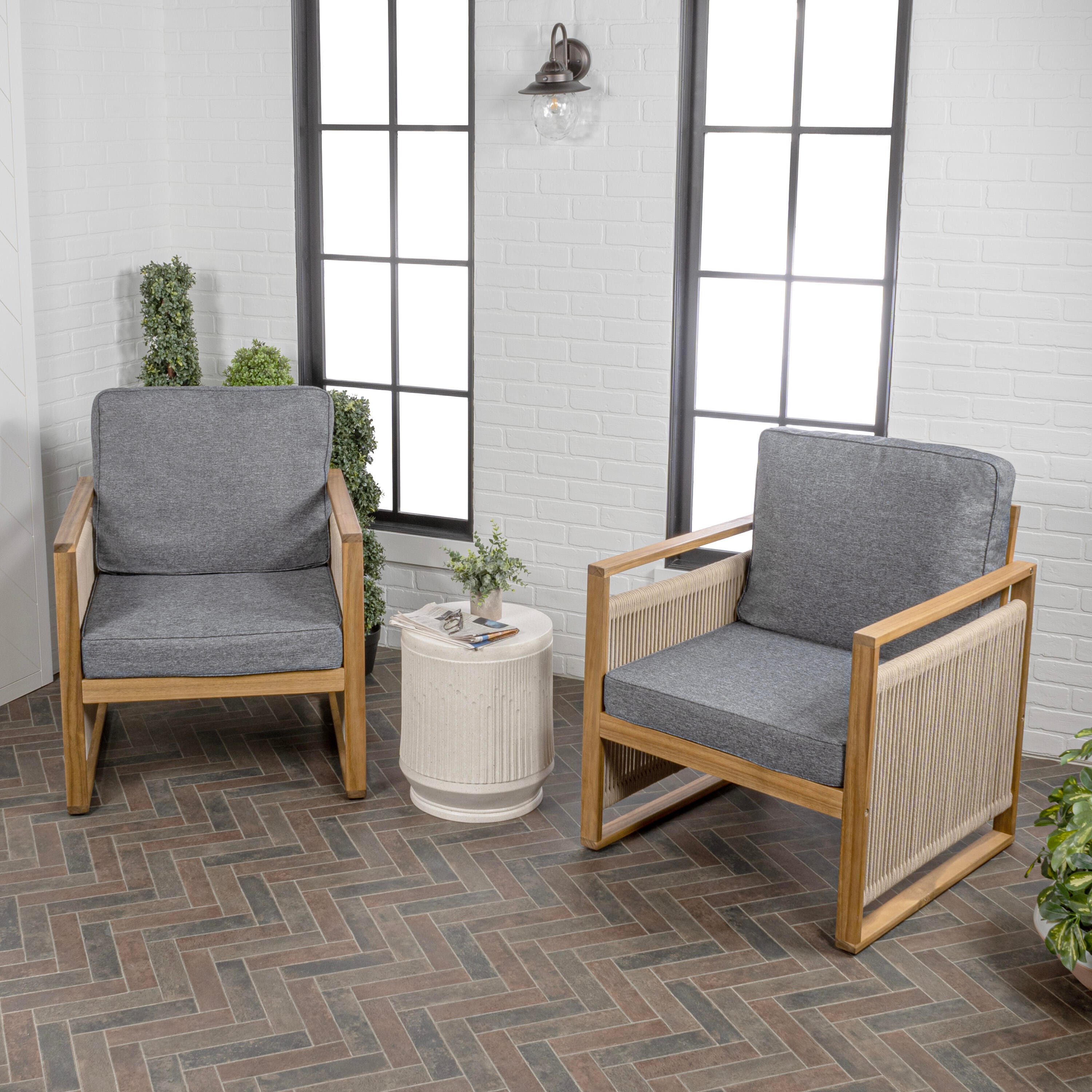 JONATHAN Y Gable Outdoor Lounge Chair (Set of 2), Teak Brown, large