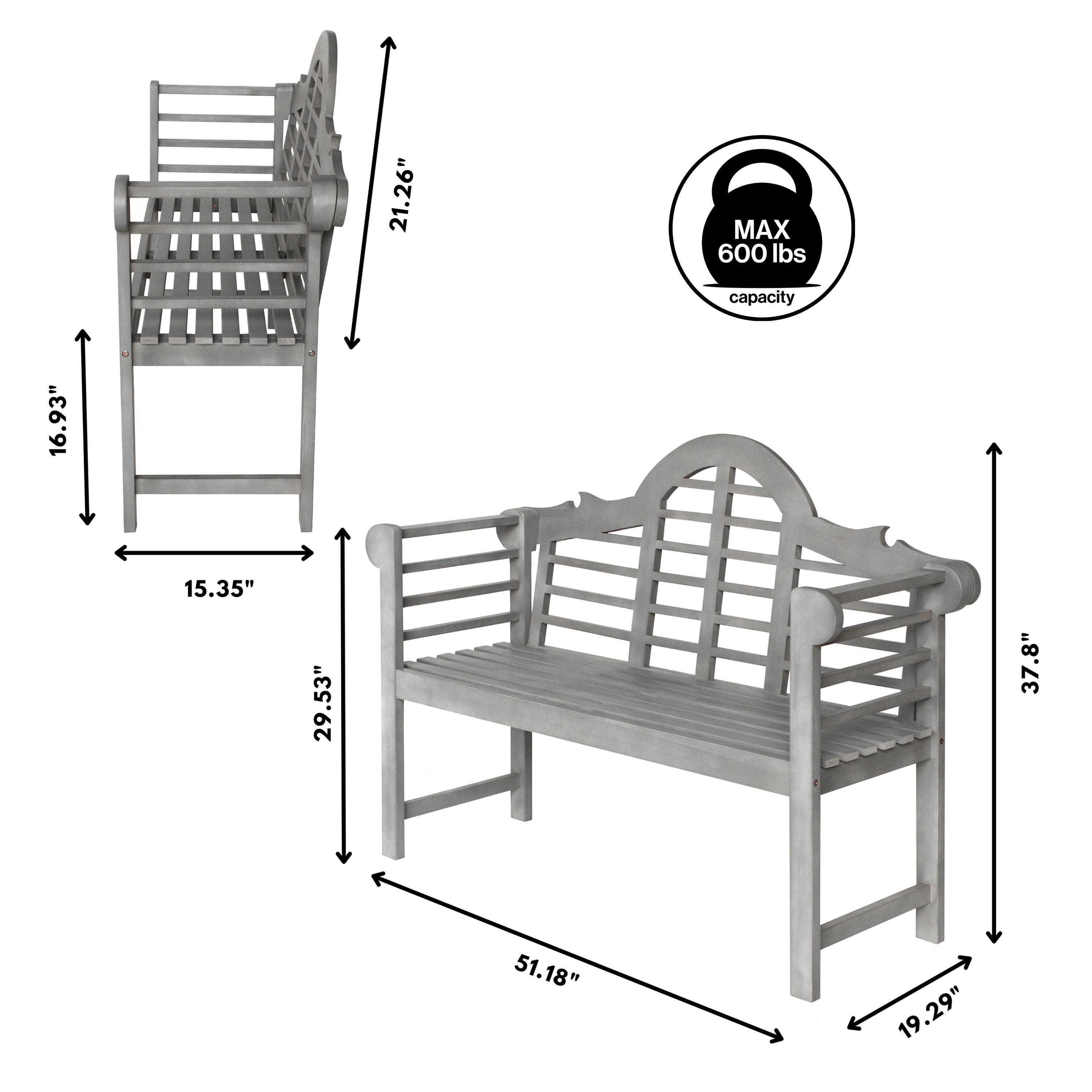 JONATHAN Y Lutyens Outdoor Bench, Gray, large