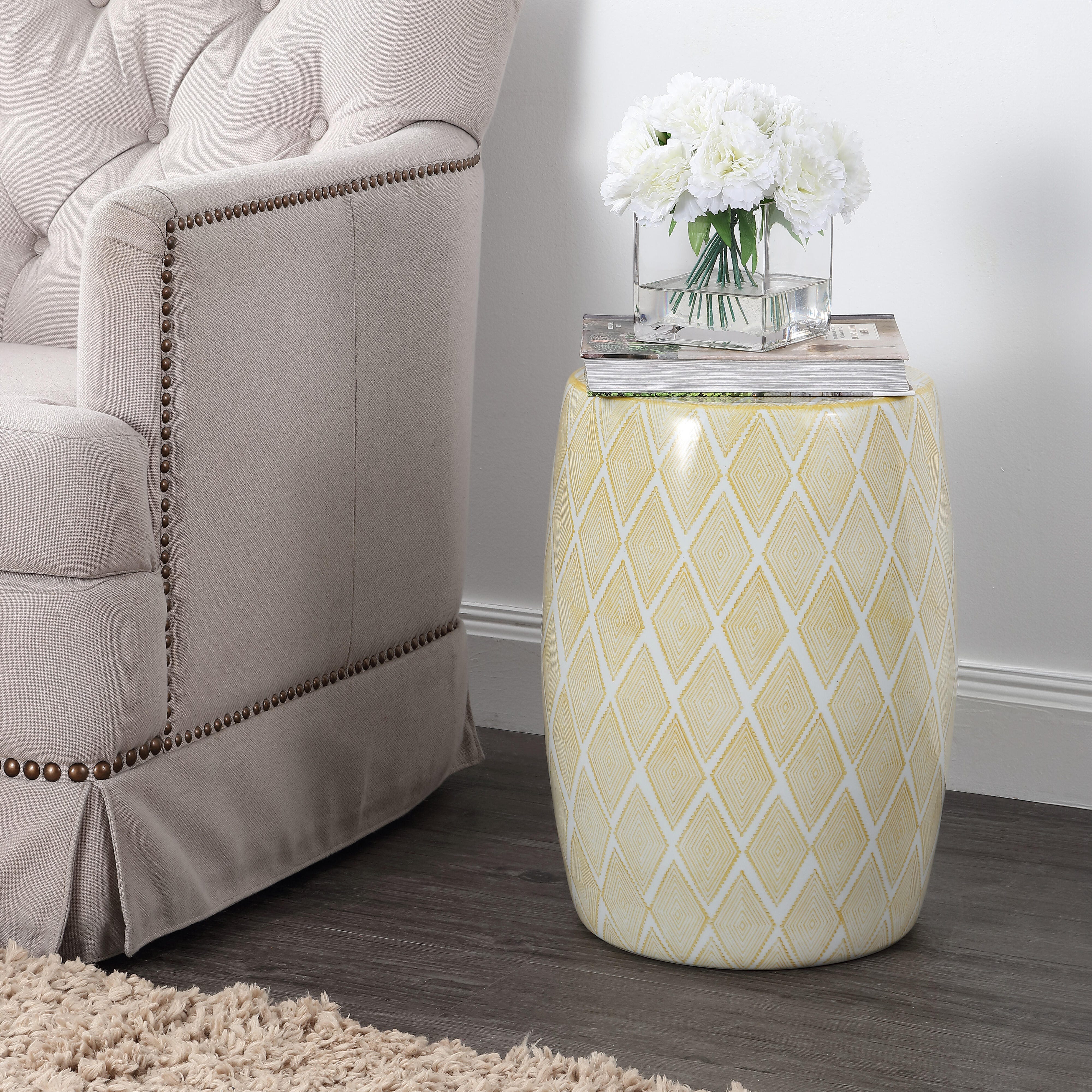 JONATHAN Y Moroccan Diamonds Drum Outdoor Garden Stool, , large