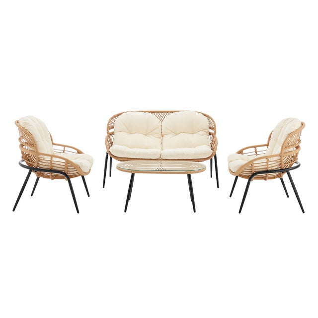 Manhattan Comfort Pine Outdoor Loveseat And 2 Armchairs With Coffee Table, Cream