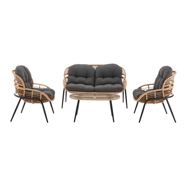 Manhattan Comfort Pine Outdoor Loveseat And 2 Armchairs With Coffee Table