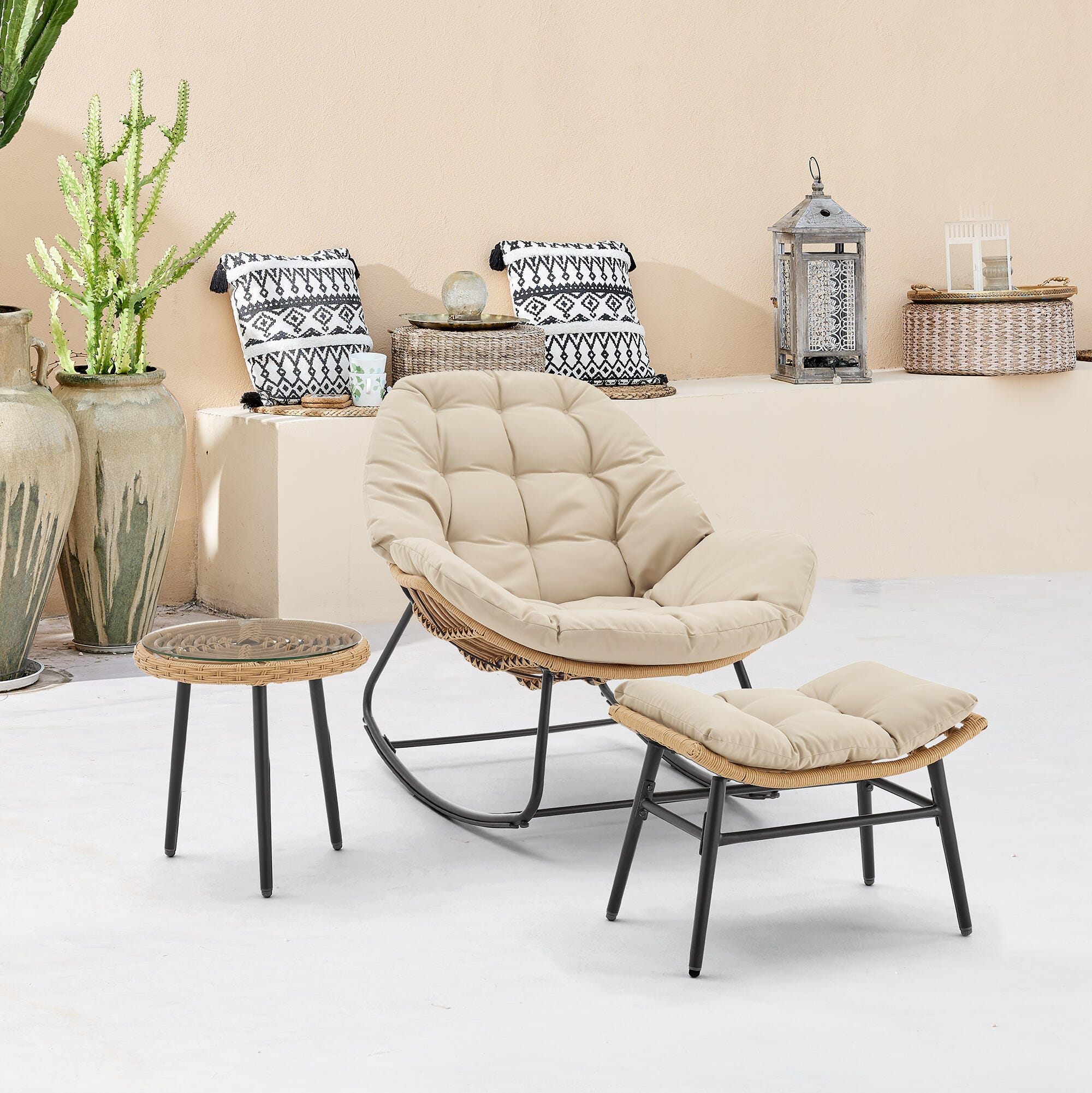 Manhattan Comfort Benson Outdoor Rocking Chair With Ottoman And End Table, Cream, rollover