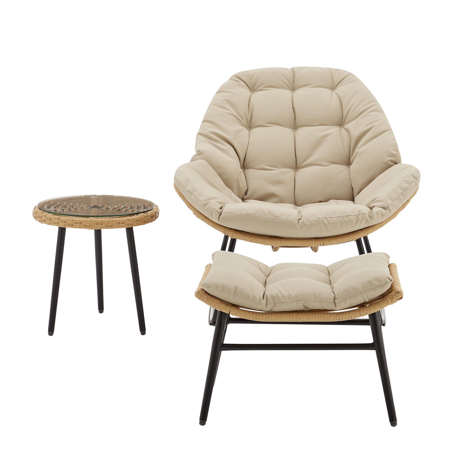 Manhattan Comfort Benson Outdoor Rocking Chair With Ottoman And End Table, Cream, large