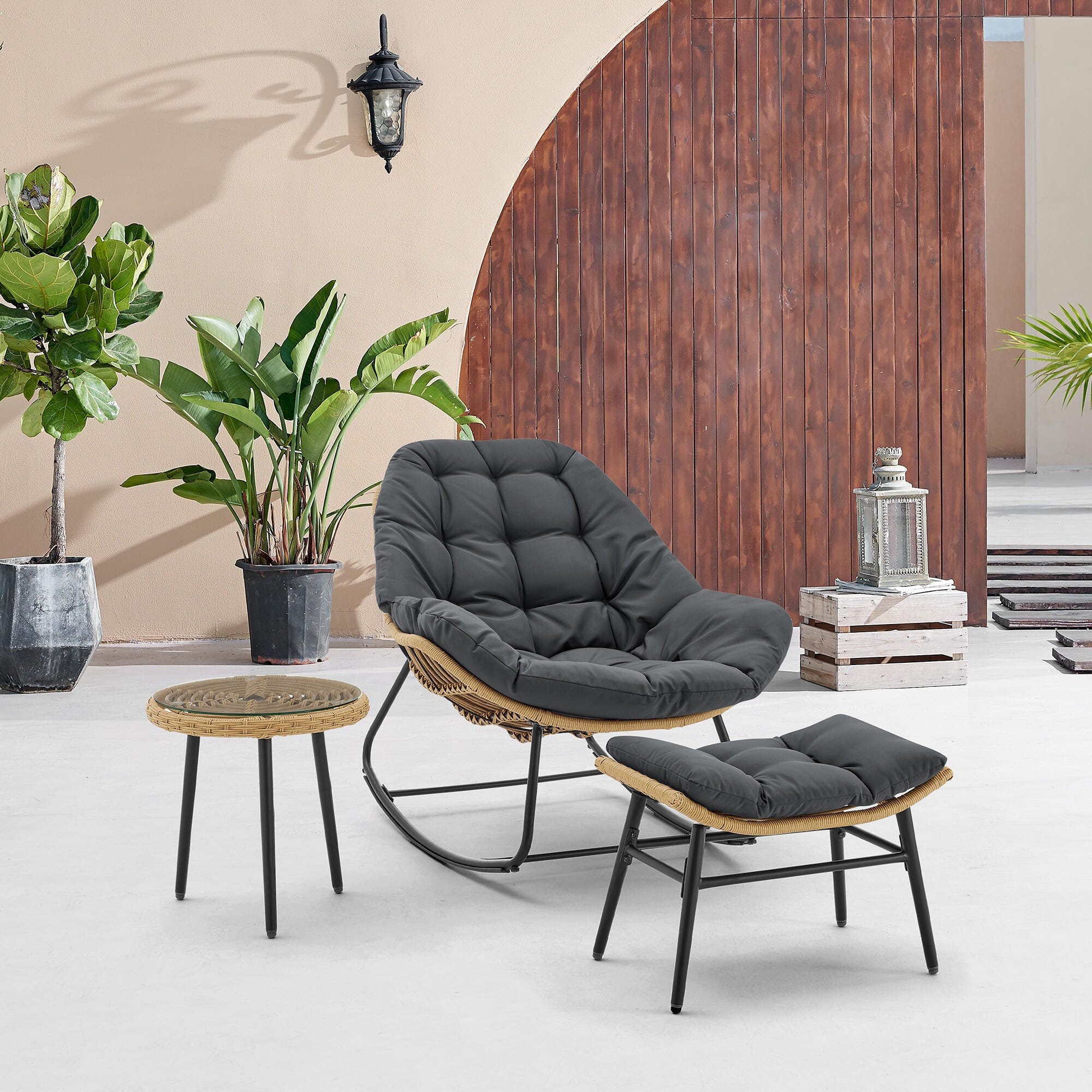 Manhattan Comfort Benson Outdoor Rocking Chair With Ottoman And End Table, Gray, rollover