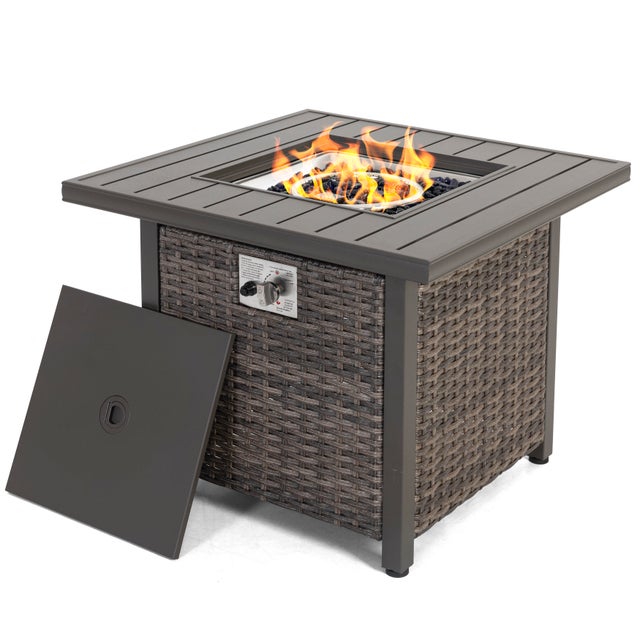 Nuu Garden Outdoor 30'' Square Rattan Fire Pit Table, Brown