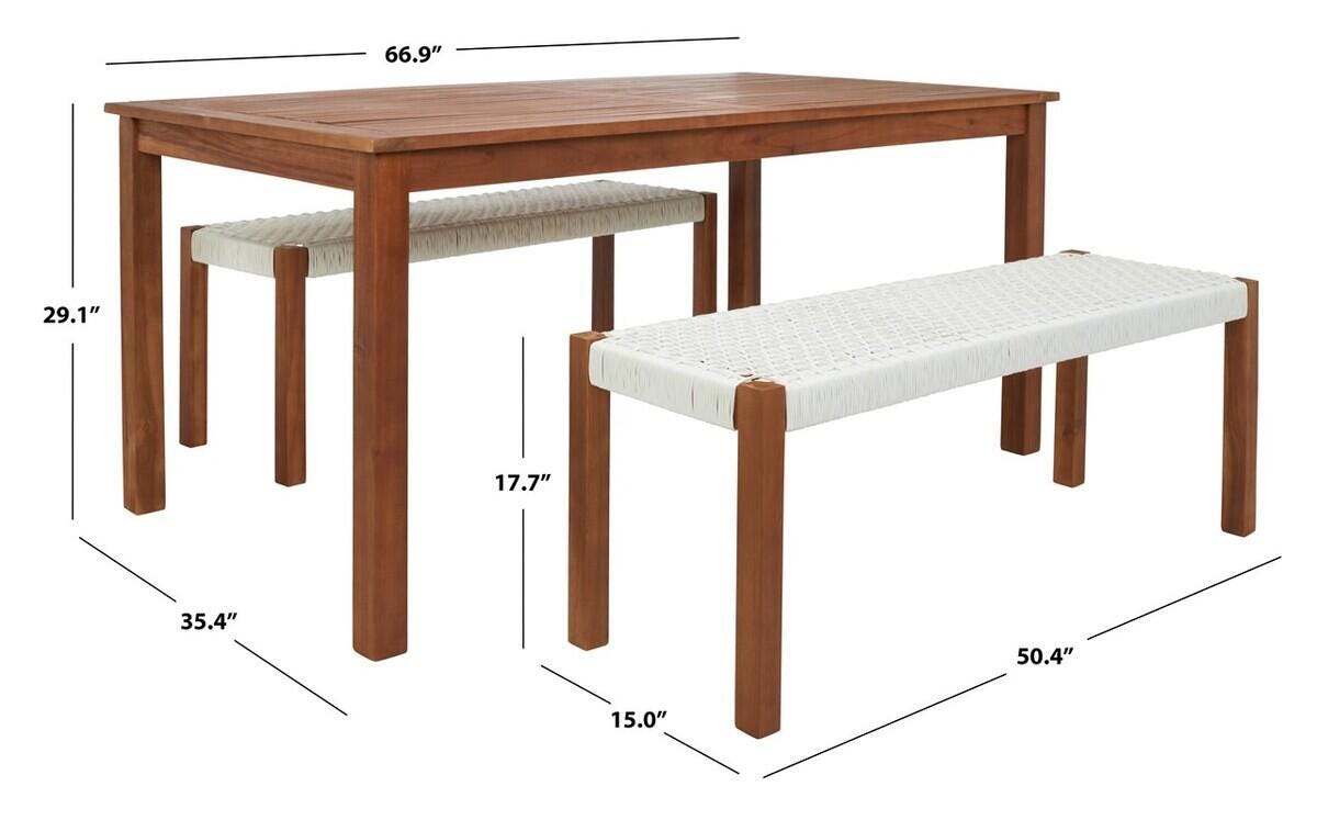Safavieh Aquina Outdoor Dining Table and 2 Benches, Natural/White, large