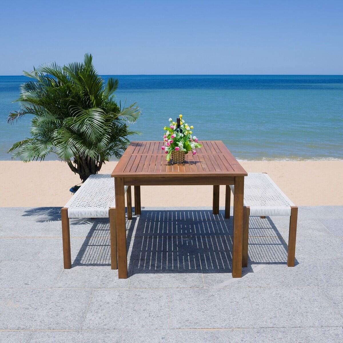 Safavieh Aquina Outdoor Dining Table and 2 Benches, Natural/White, large