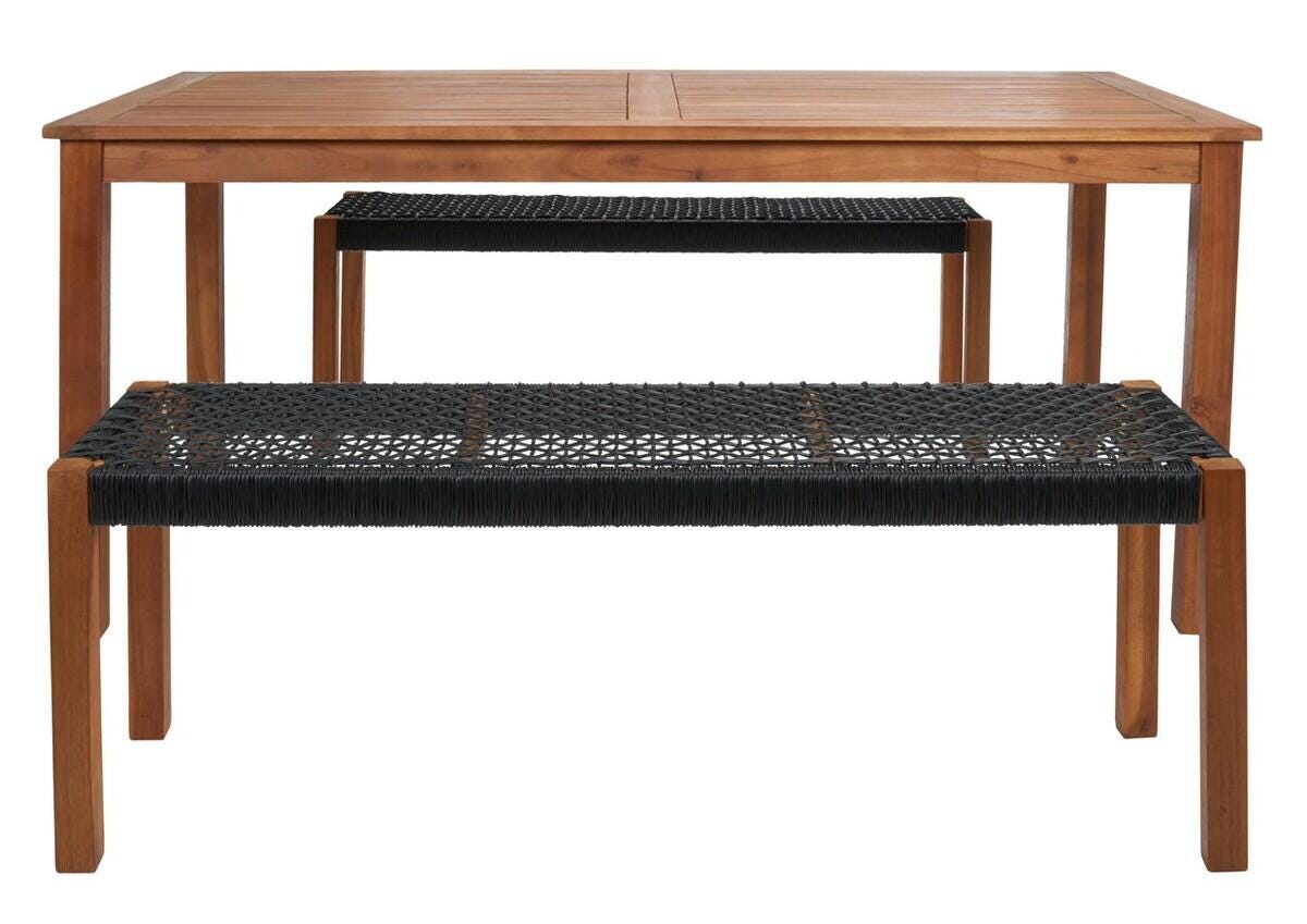Safavieh Aquina Outdoor Dining Table and 2 Benches, Natural/Black, large
