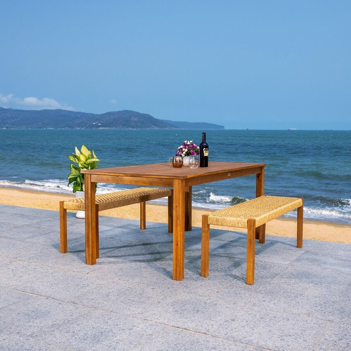 Safavieh Aquina Outdoor Dining Table and 2 Benches, Natural/Natural, large