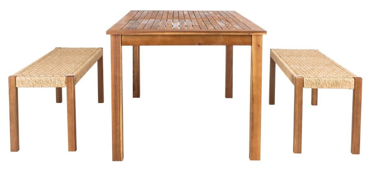Safavieh Aquina Outdoor Dining Table and 2 Benches, Natural/Natural, large