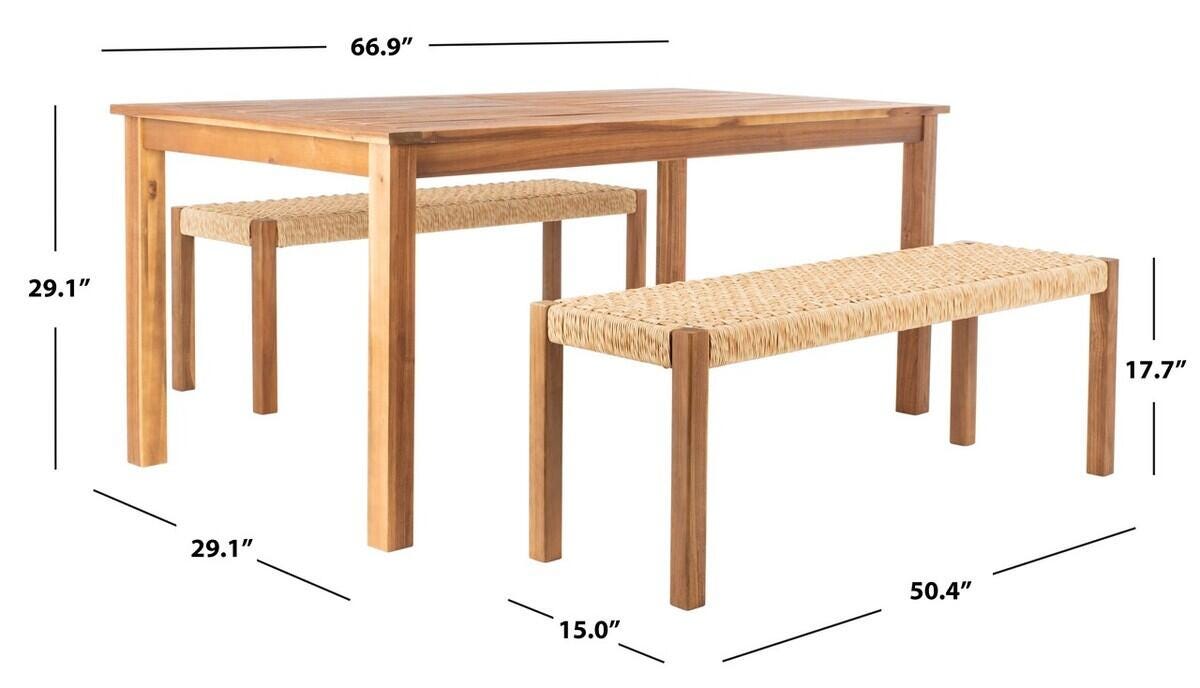 Safavieh Aquina Outdoor Dining Table and 2 Benches, Natural/Natural, large