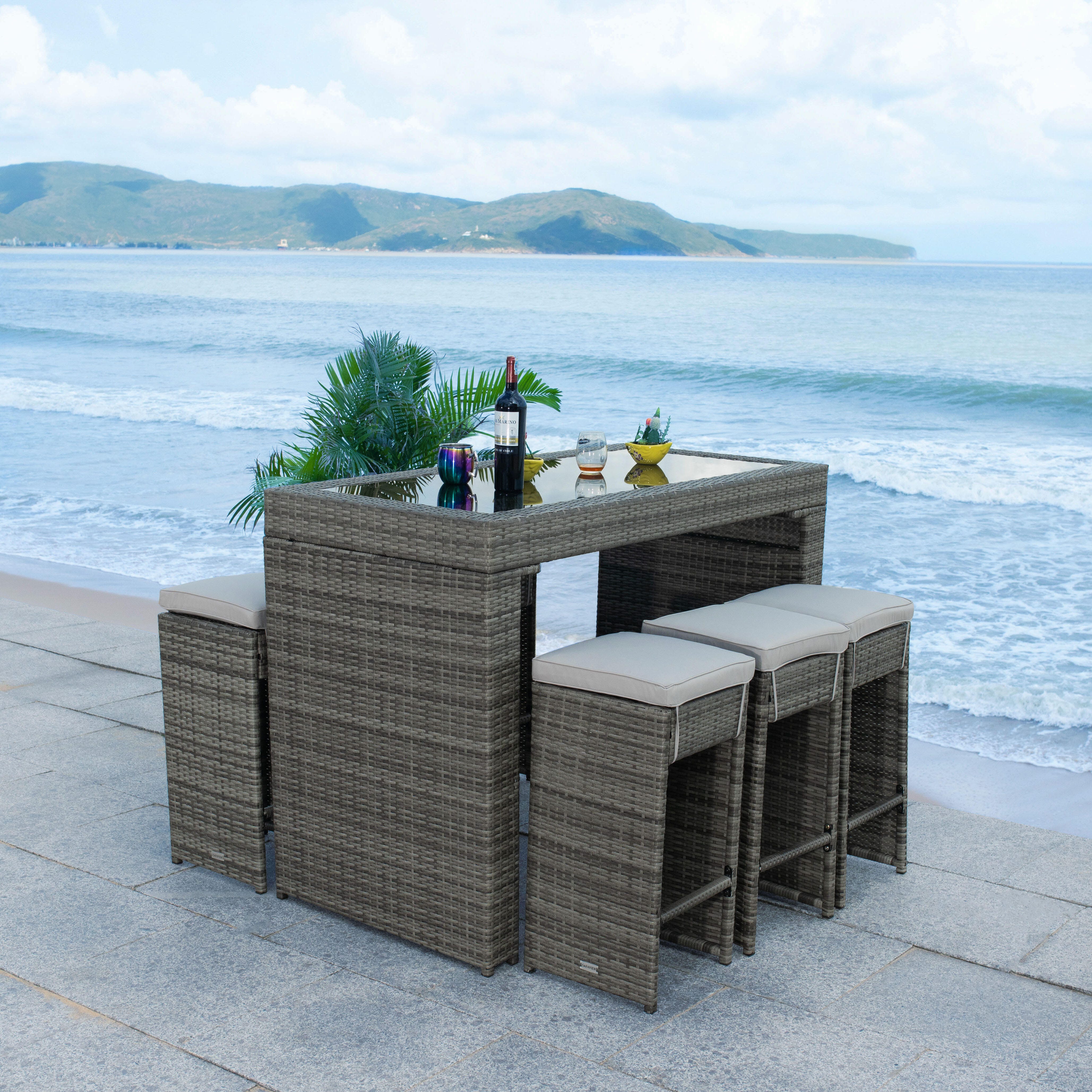 Safavieh Horus Outdoor Dining Table and 6 Stools, Gray/Gray, large