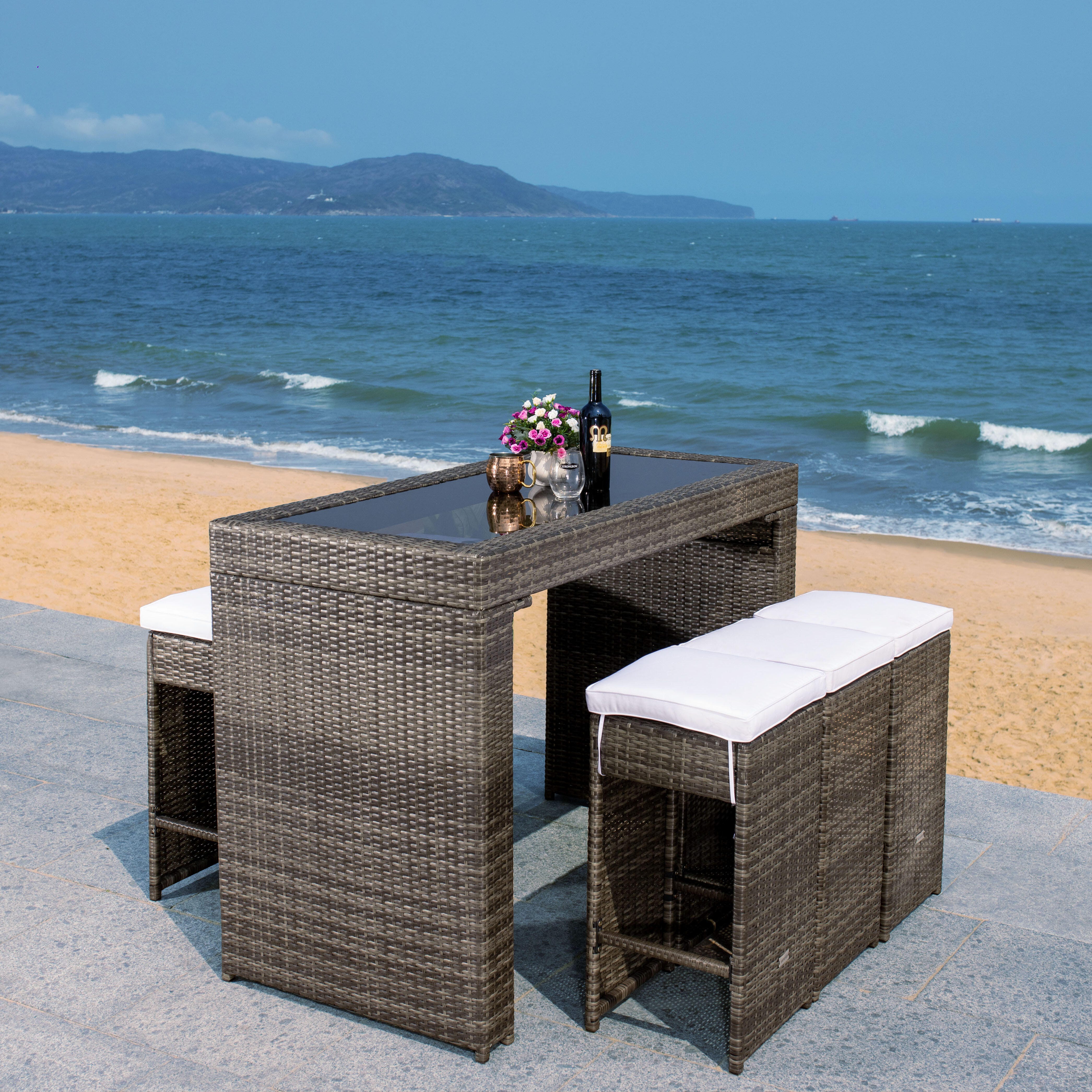 Safavieh Horus Outdoor Dining Table and 6 Stools, Gray Brown/White, large