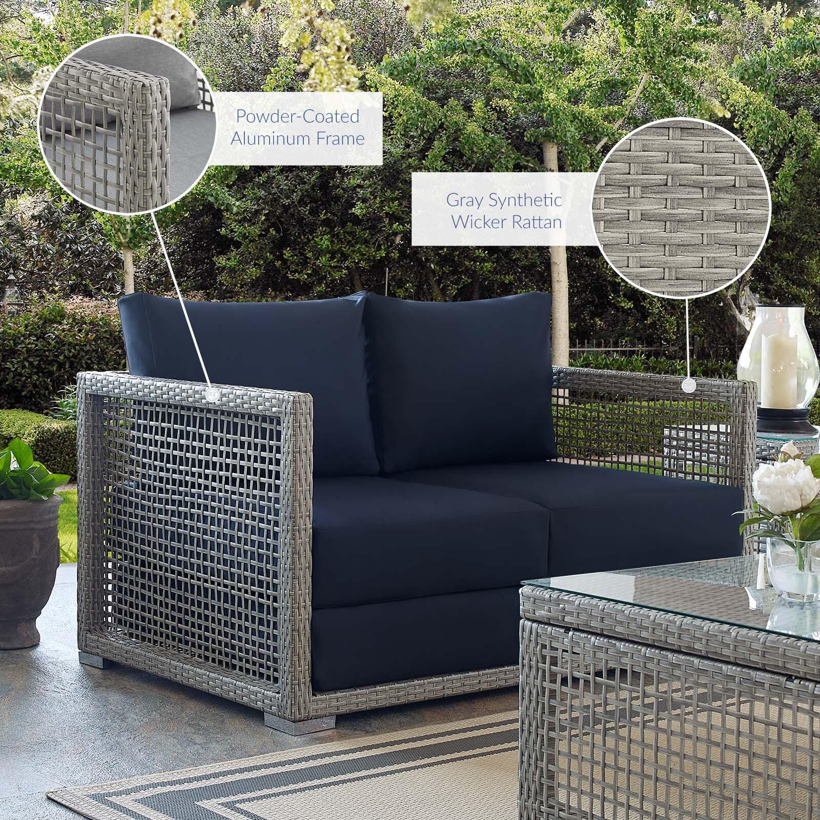 Modway Aura Outdoor Patio Rattan Loveseat, Gray/Navy, large