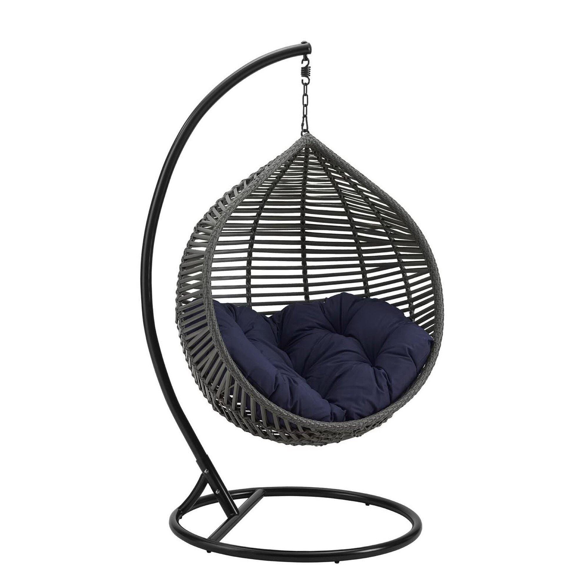 Modway Garner Outdoor Hanging Egg Chair, Gray/Navy, large