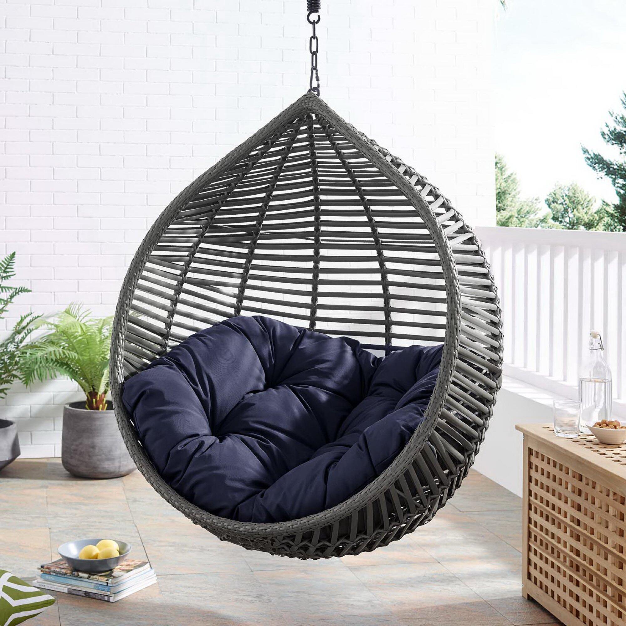 Modway Garner Outdoor Hanging Egg Chair, Gray/Navy, large