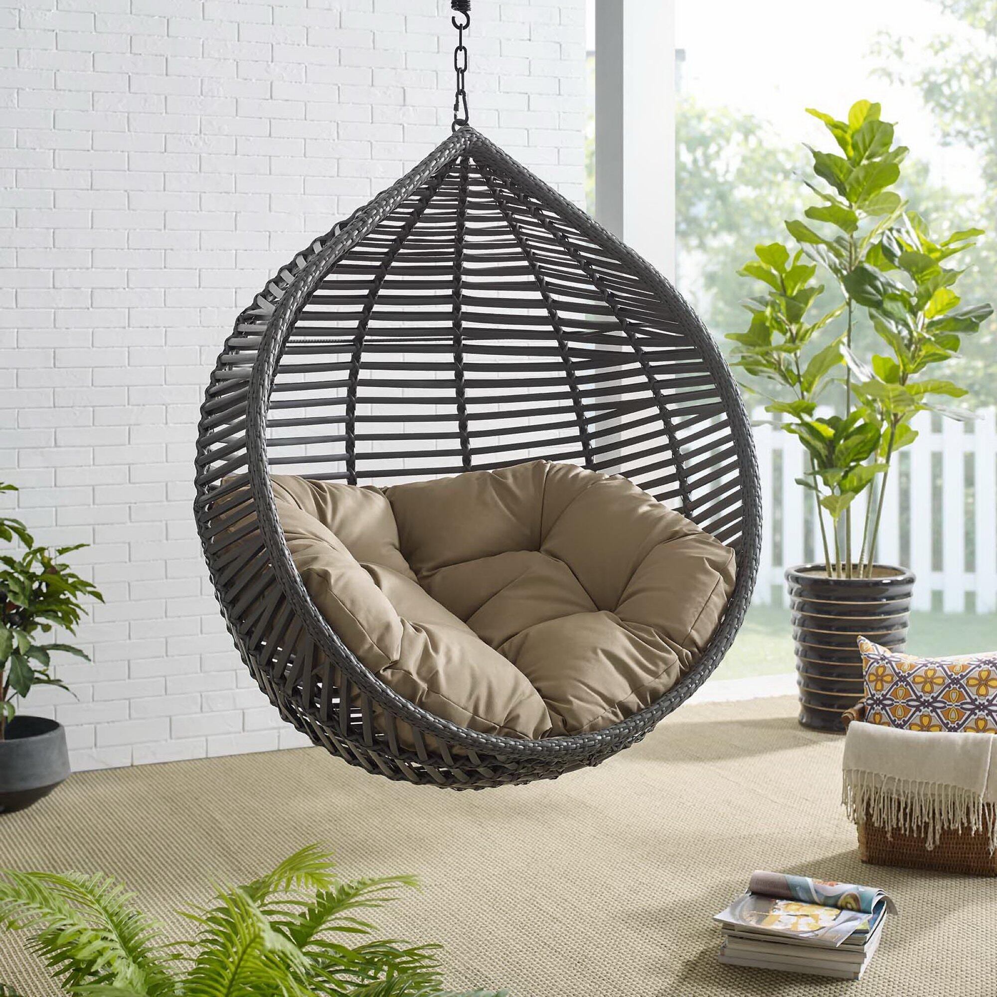 Modway Garner Outdoor Hanging Egg Chair, Gray/Mocha, large