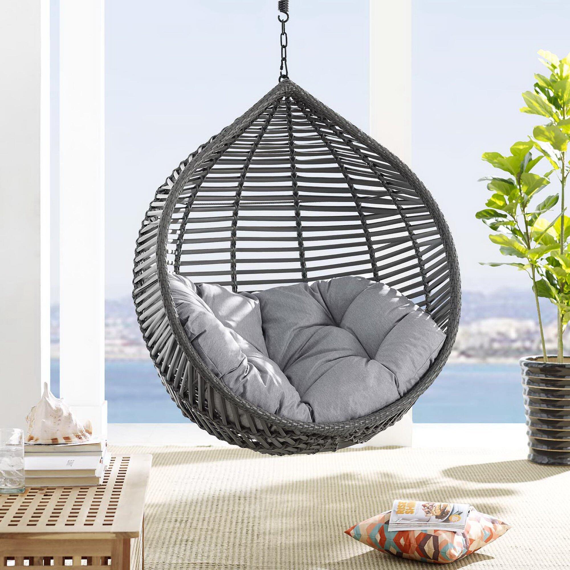 Modway Garner Outdoor Hanging Egg Chair, Gray/Gray, large