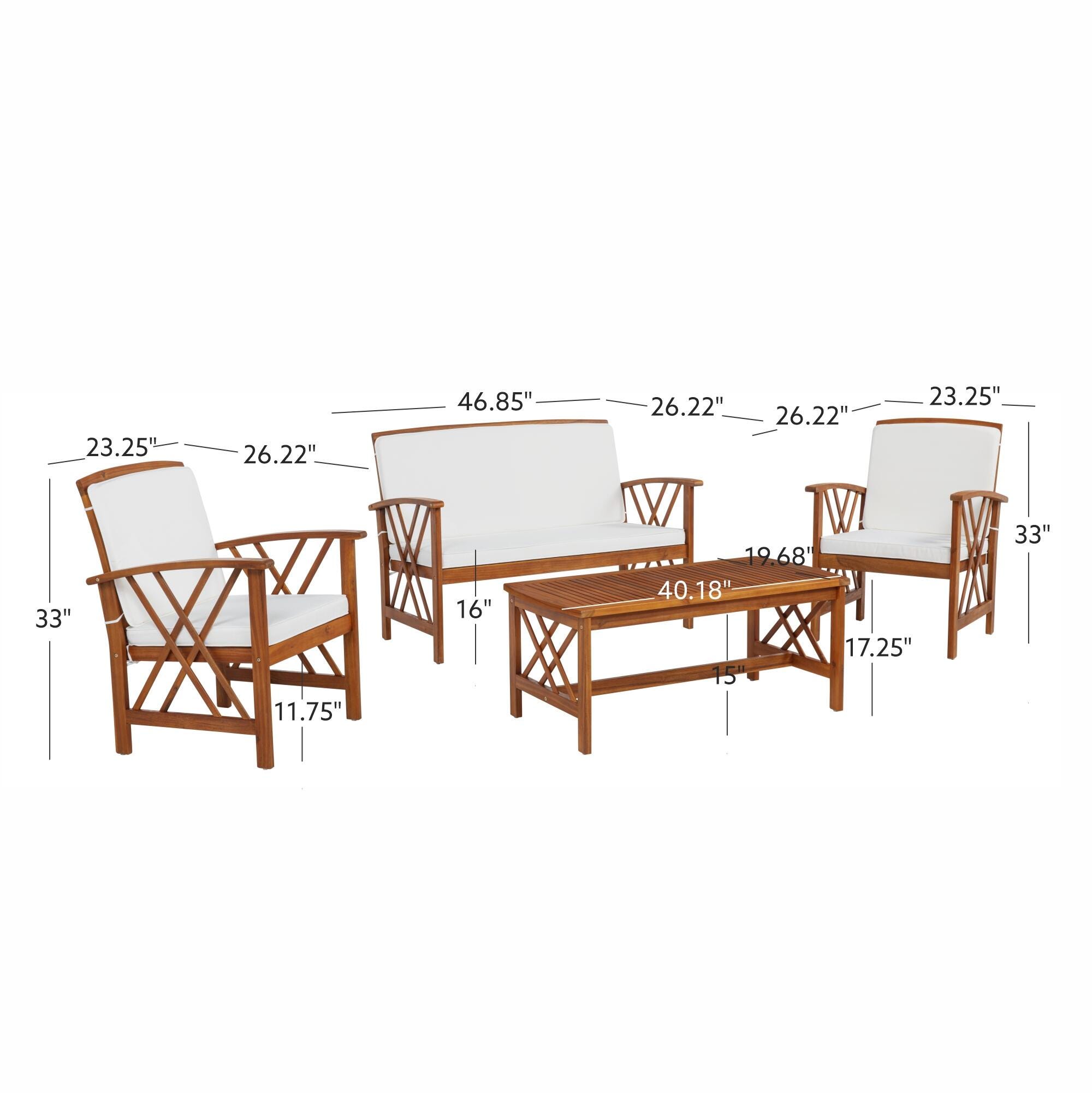 Linon Walton Outdoor Bench and 2 Armchairs with Coffee Table, , large