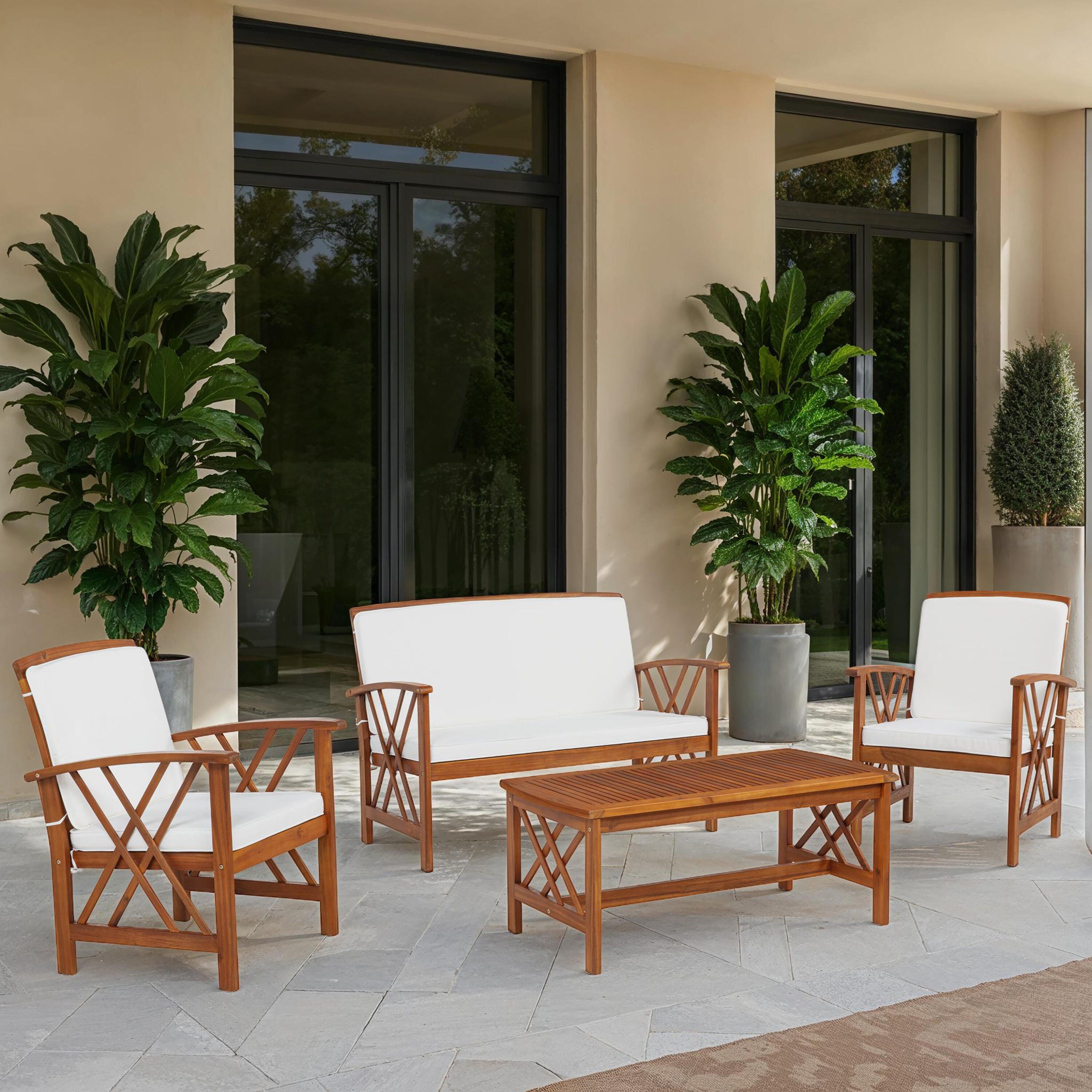 Linon Walton Outdoor Bench and 2 Armchairs with Coffee Table, , large