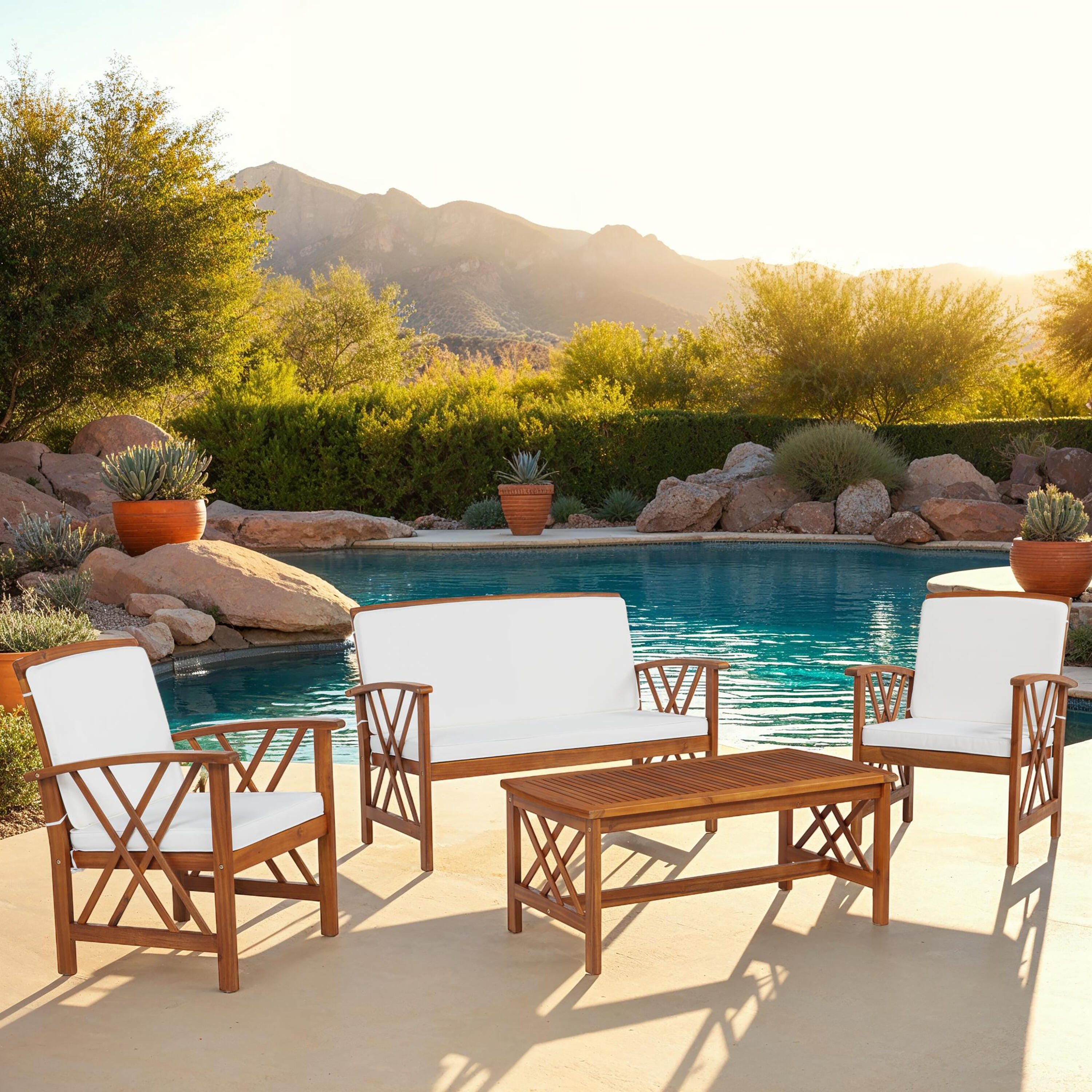 Linon Walton Outdoor Bench and 2 Armchairs with Coffee Table, , large