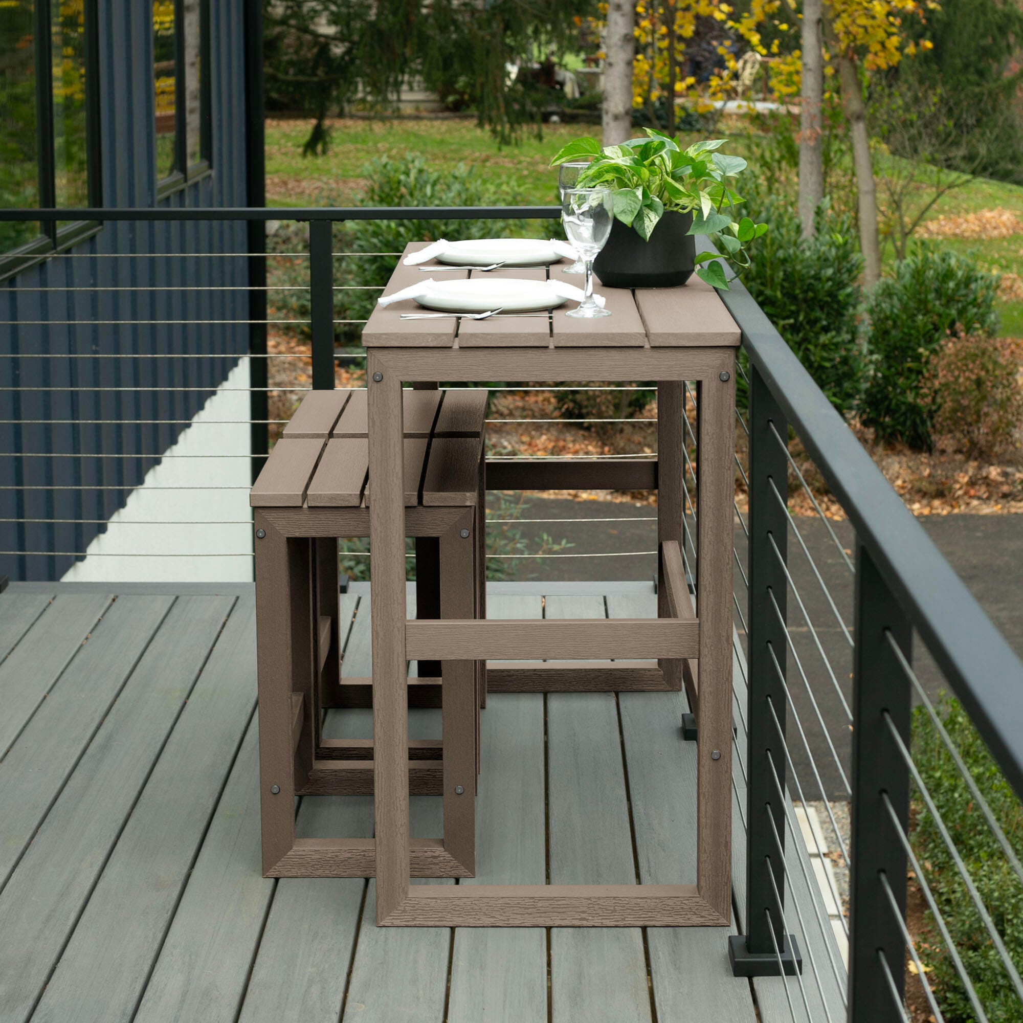 Highwood Monroe Outdoor Counter Height Balcony Table with 2 Stools, Woodland Brown, large