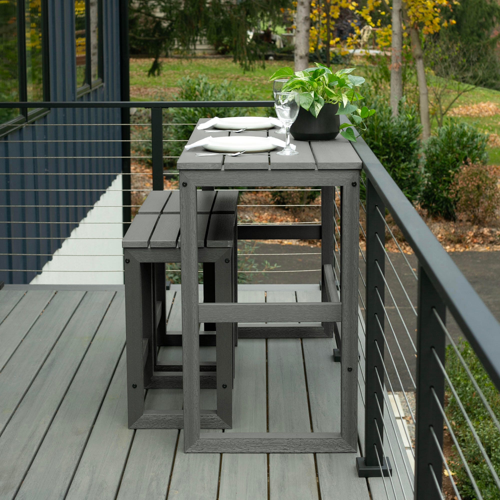 Highwood Monroe Outdoor Counter Height Balcony Table with 2 Stools, Coastal Teak, large