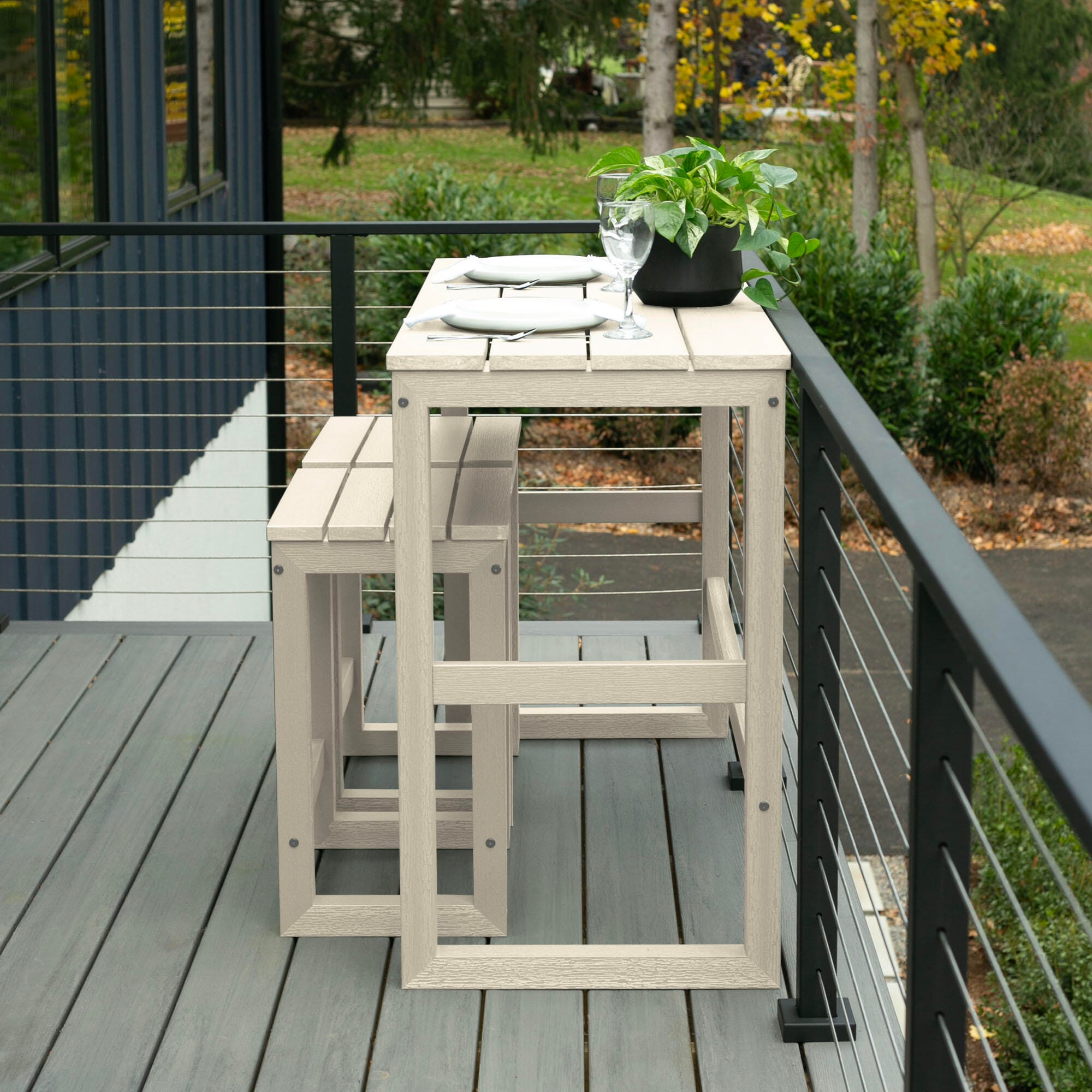 Highwood Monroe Outdoor Counter Height Balcony Table with 2 Stools, Whitewash, large