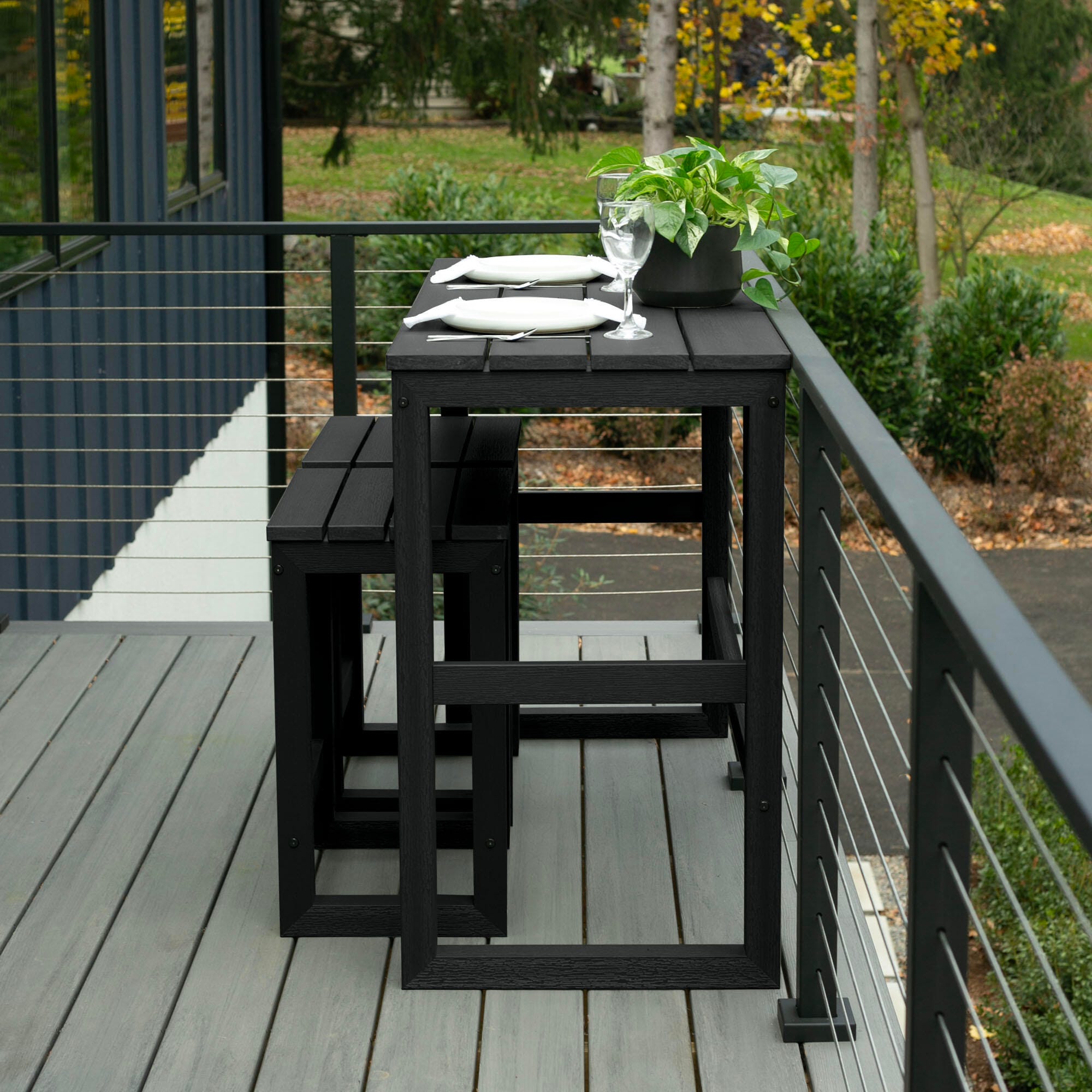 Highwood Monroe Outdoor Counter Height Balcony Table with 2 Stools, Black, large