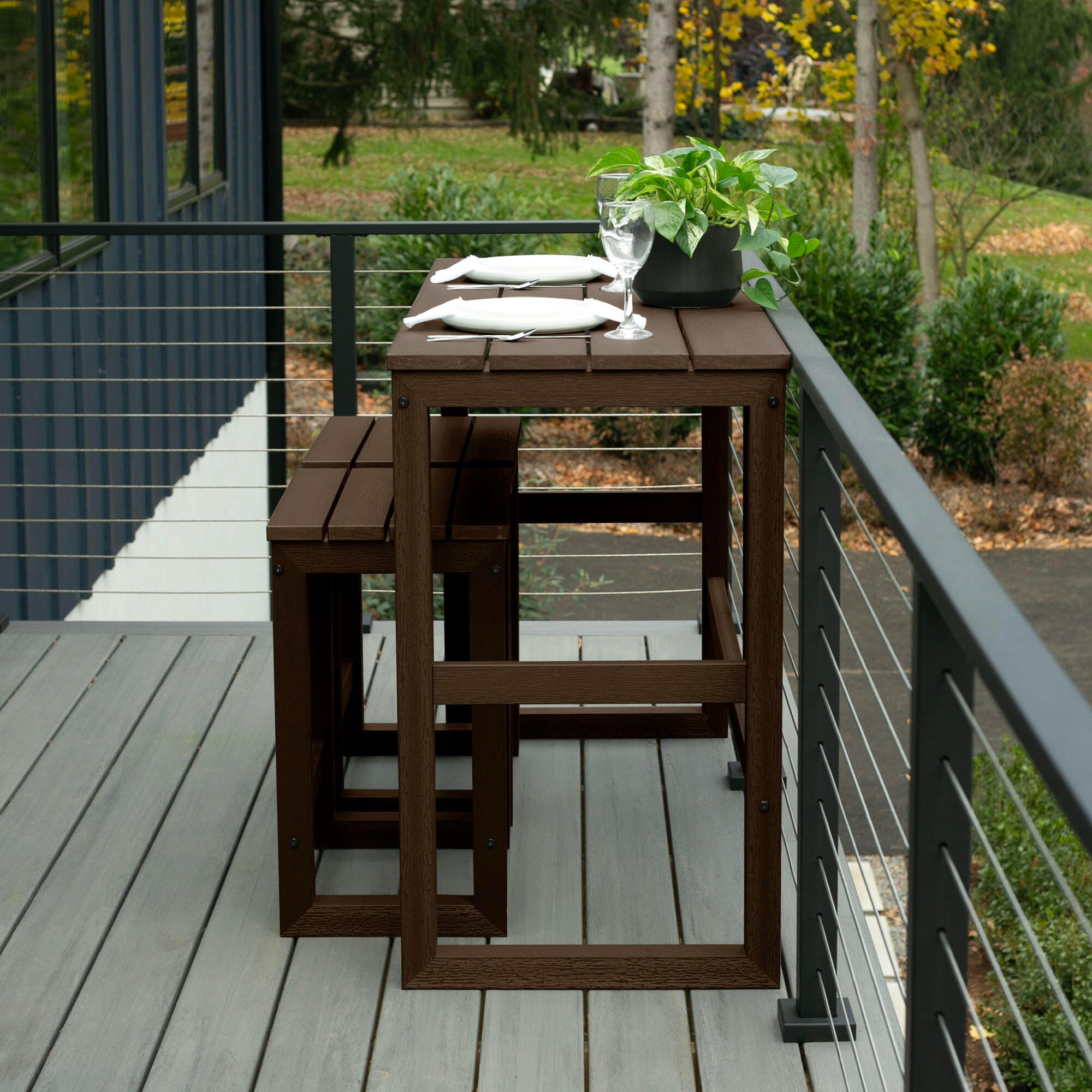 Highwood Monroe Outdoor Counter Height Balcony Table with 2 Stools, Weathered Acorn, large