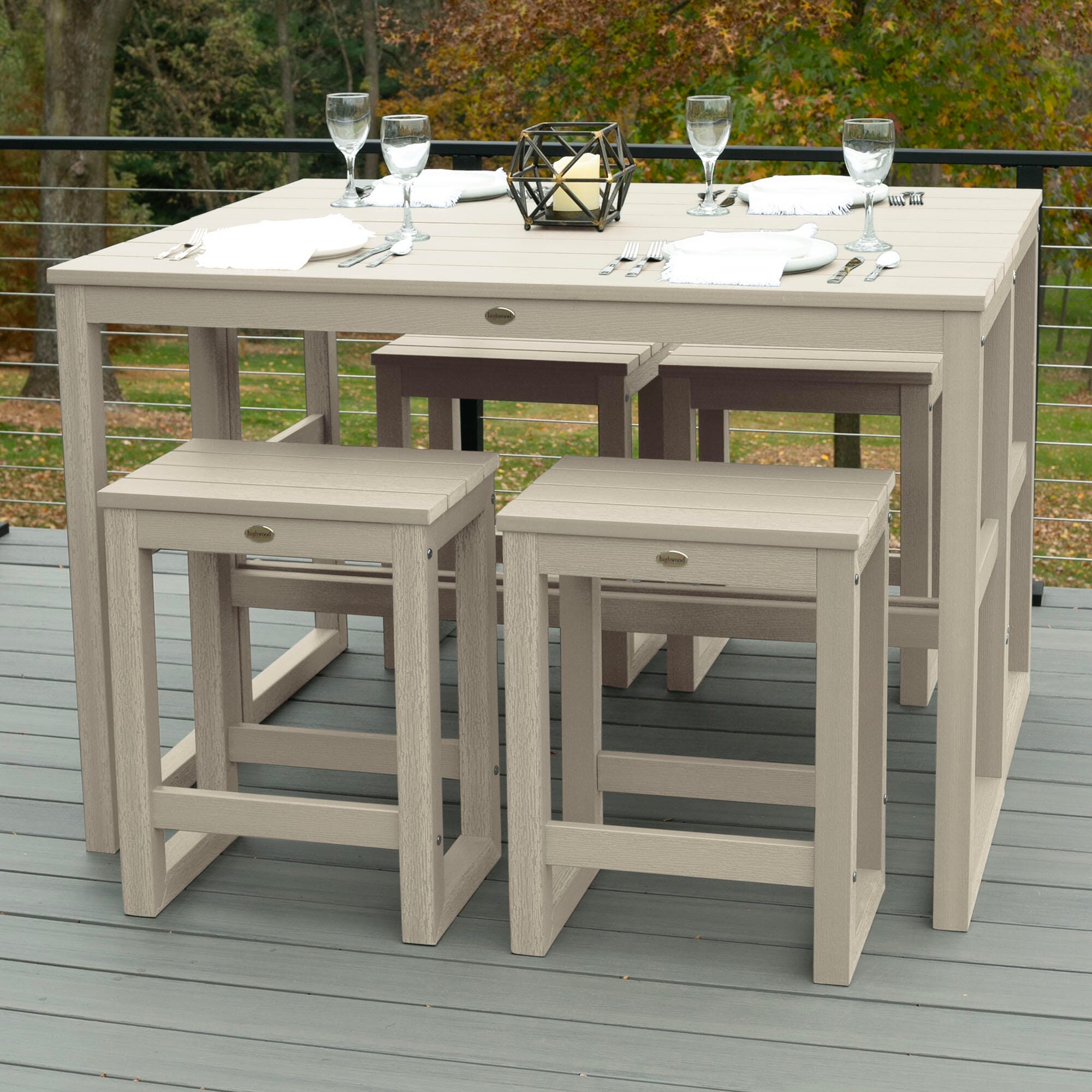 Highwood Monroe Outdoor Dining Table with 4 Stools, Whitewash, large