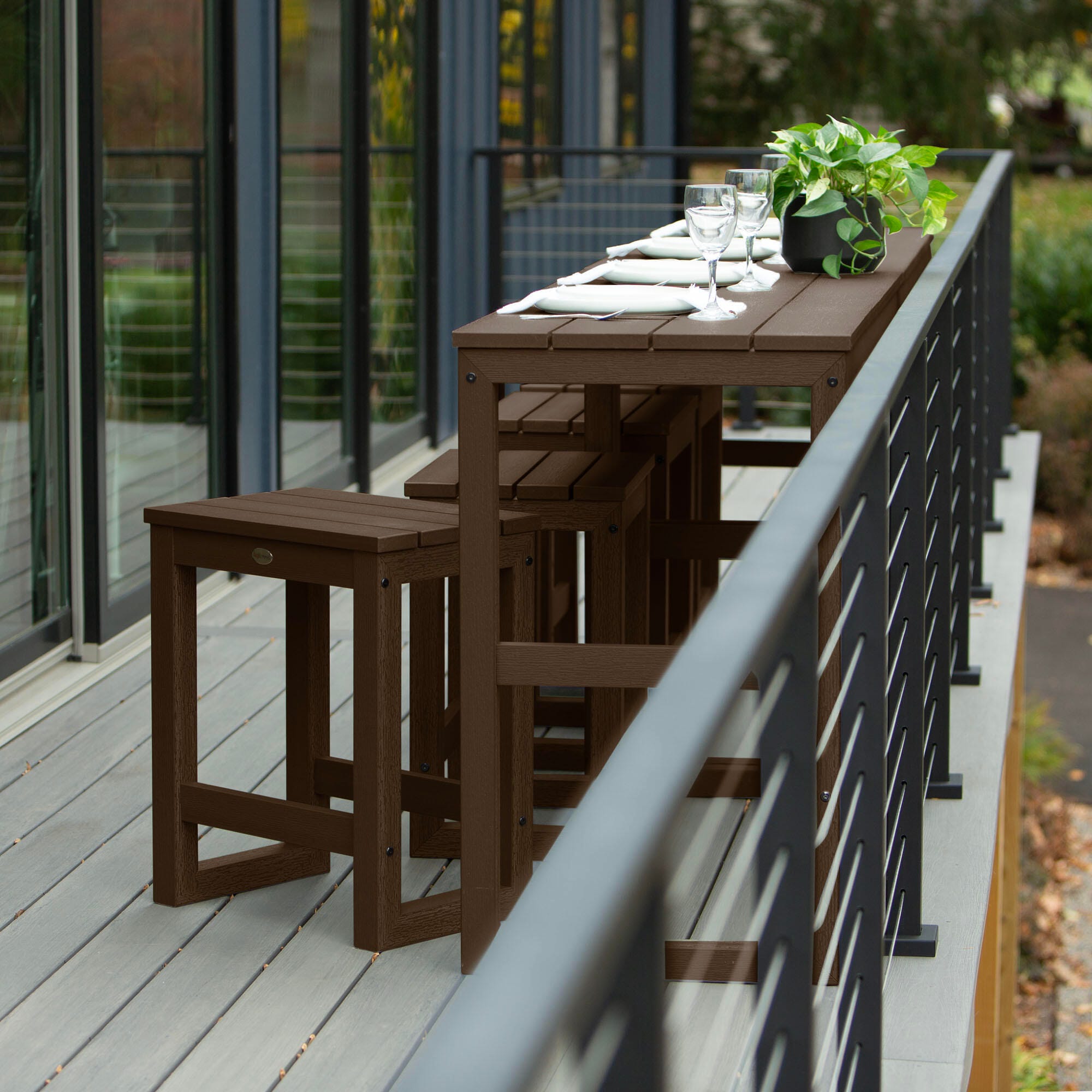 Highwood Monroe Outdoor Dining Table with 4 Stools, Weathered Acorn, large