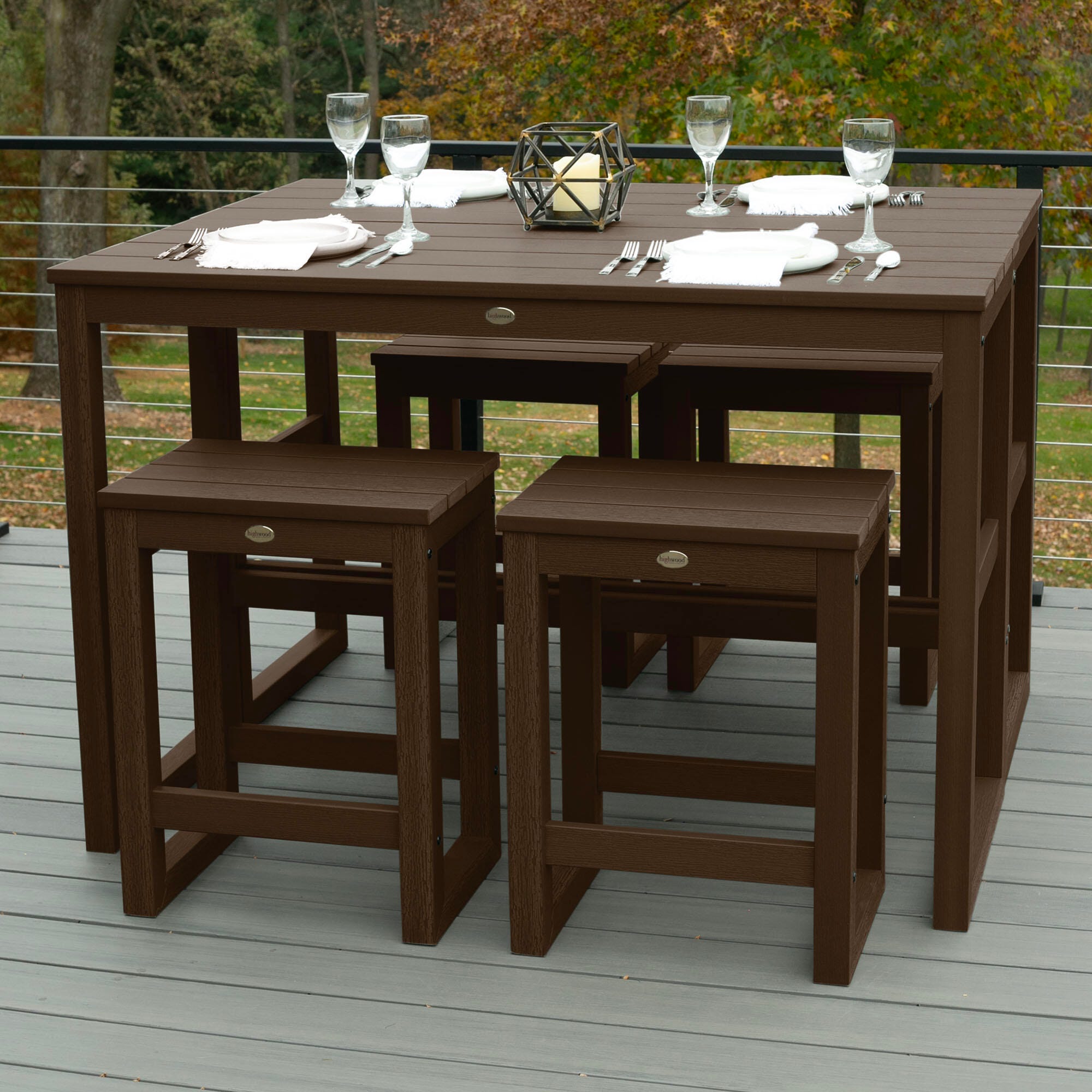 Highwood Monroe Outdoor Dining Table with 4 Stools, Weathered Acorn, large