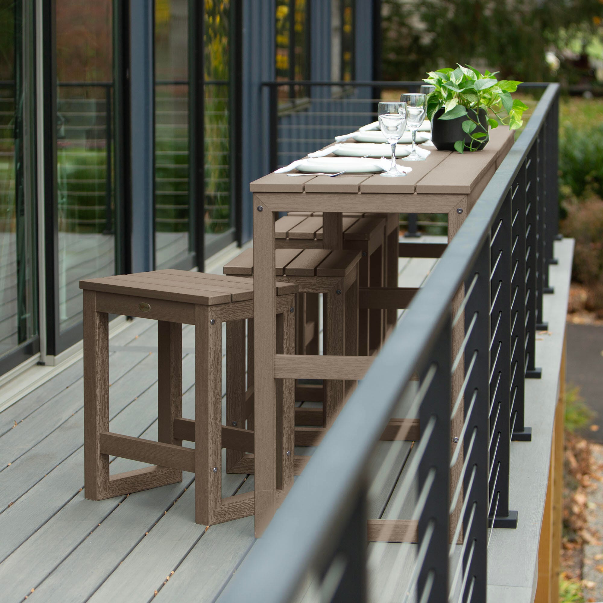 Highwood Monroe Outdoor Dining Table with 4 Stools, Woodland Brown, large