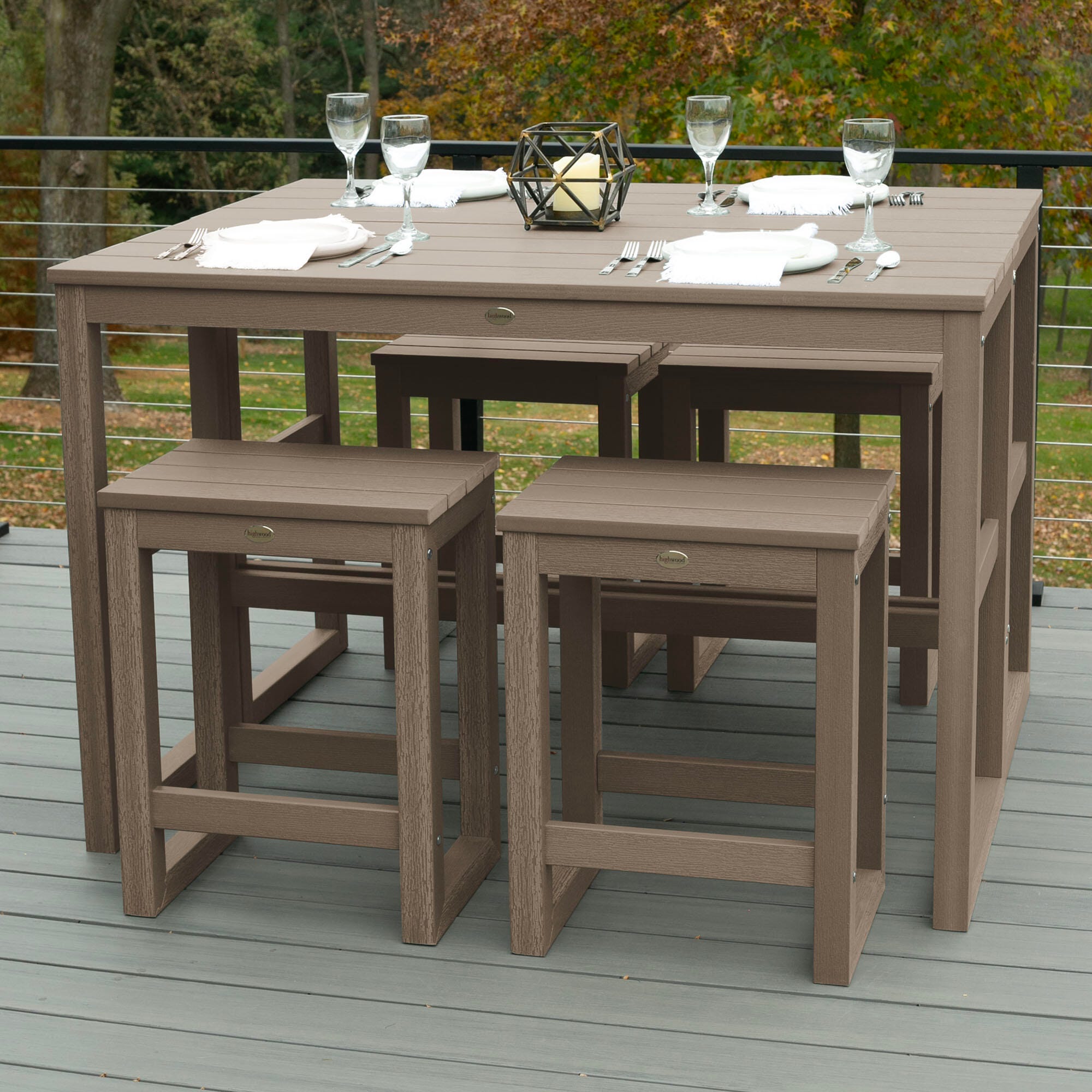 Highwood Monroe Outdoor Dining Table with 4 Stools, Woodland Brown, large