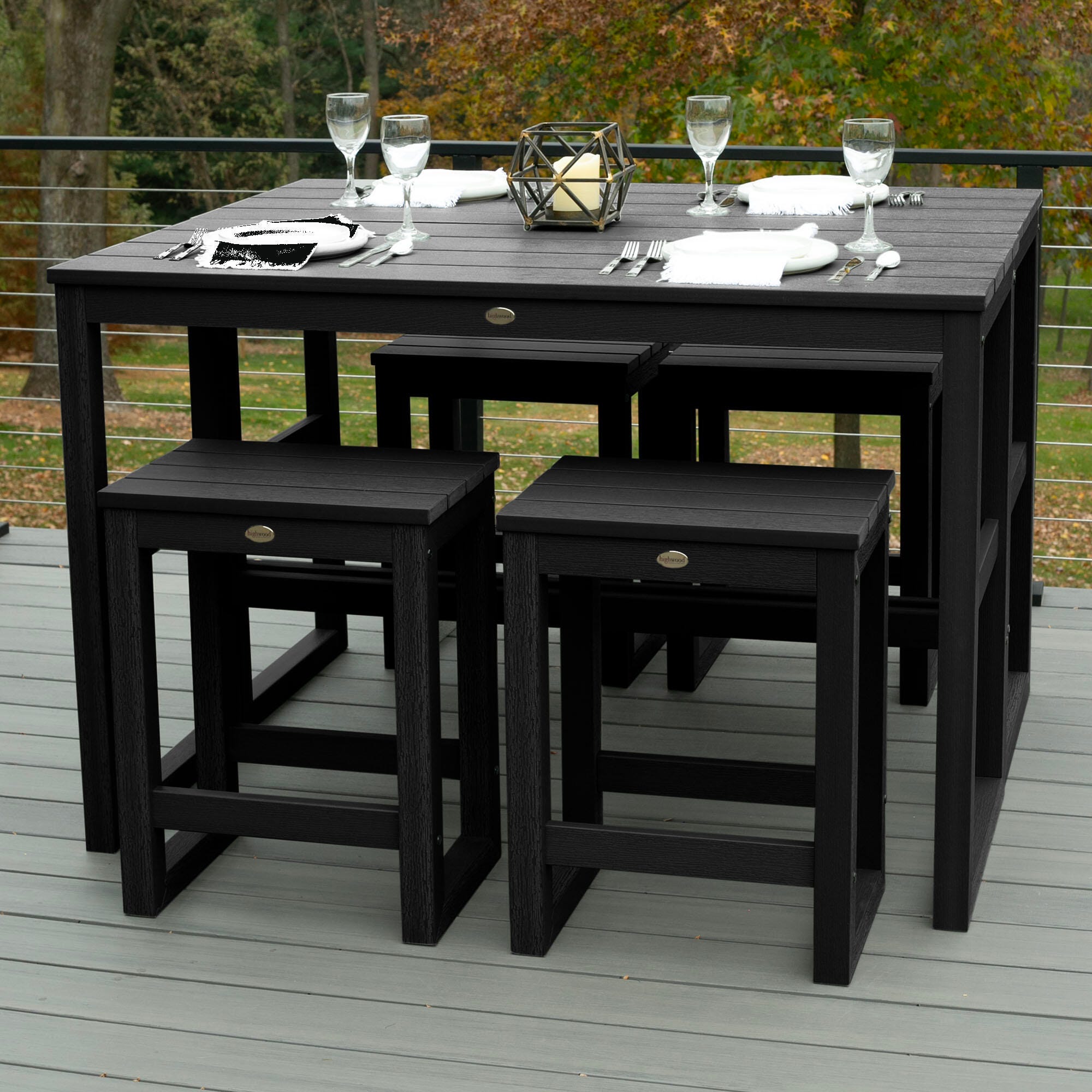 Highwood Monroe Outdoor Dining Table with 4 Stools, Black, large