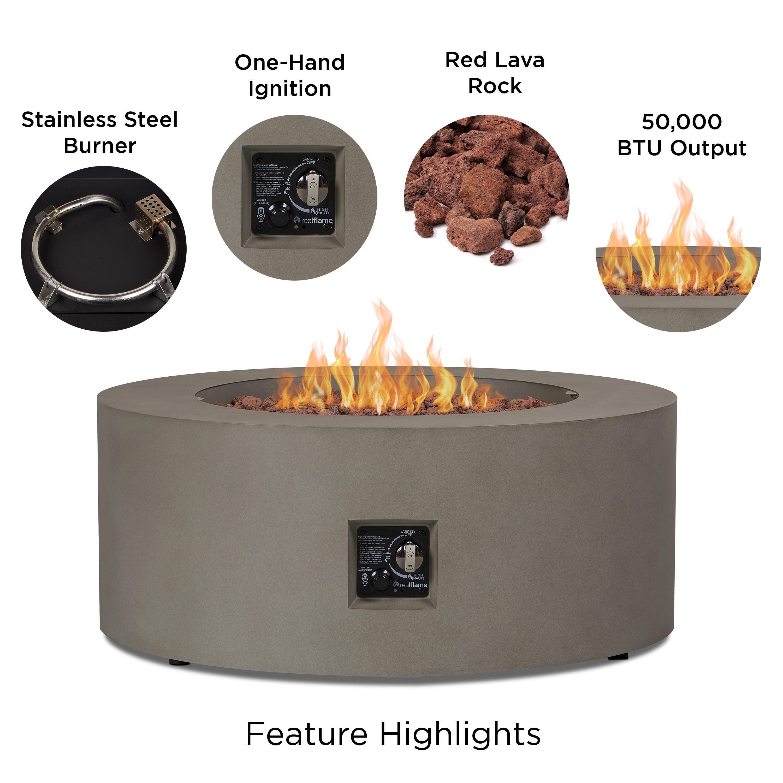 Real Flame Aegean Outdoor Round Fire Pit Table, Mist Gray, large